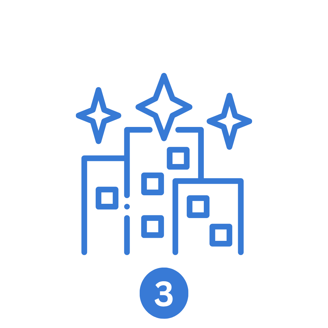 Line drawing of a city skyline with four four-point stars above buildings and a number 3 in a blue circle at the bottom