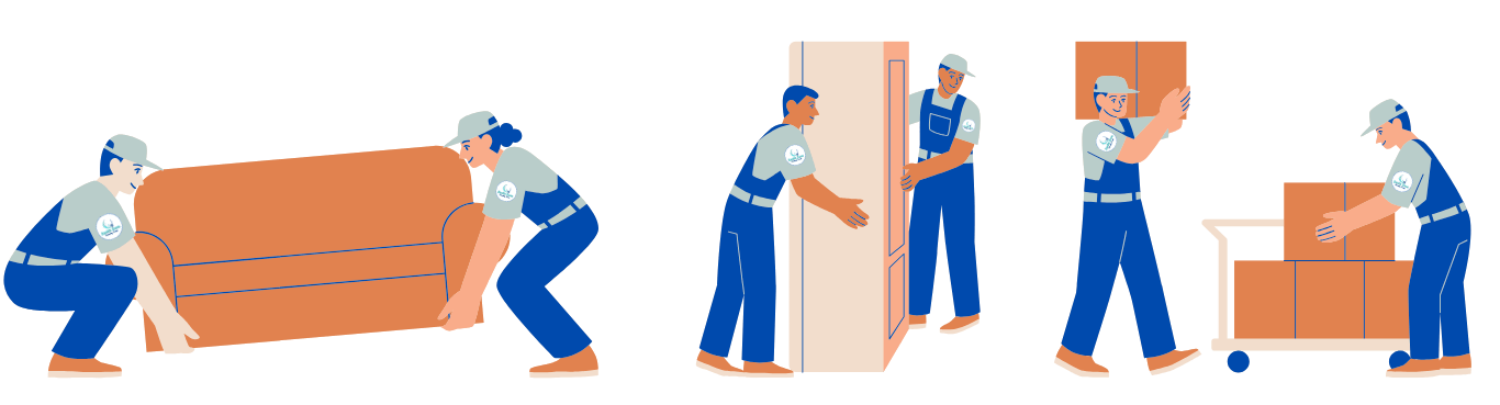 Five movers in uniforms carrying a couch, a refrigerator, and boxes. They are working together to load or unload items.