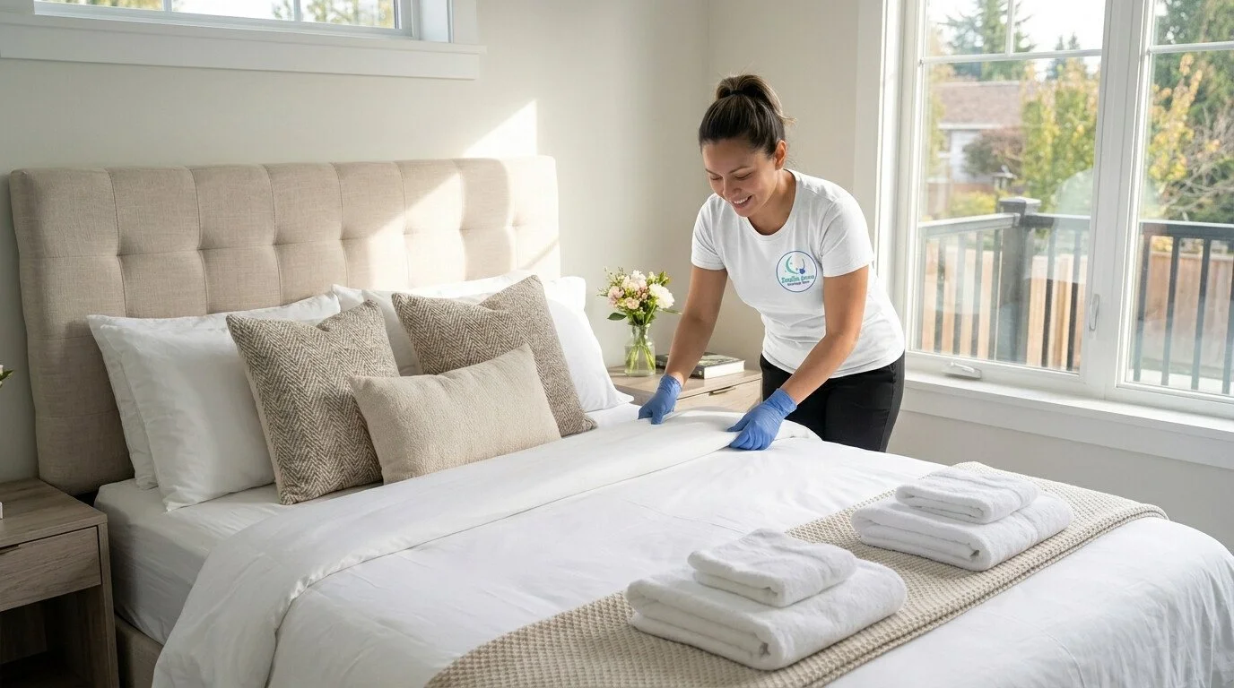zenith zone cleaning team female house cleaner wiping a office den desk in maple ridge for house cleaning services