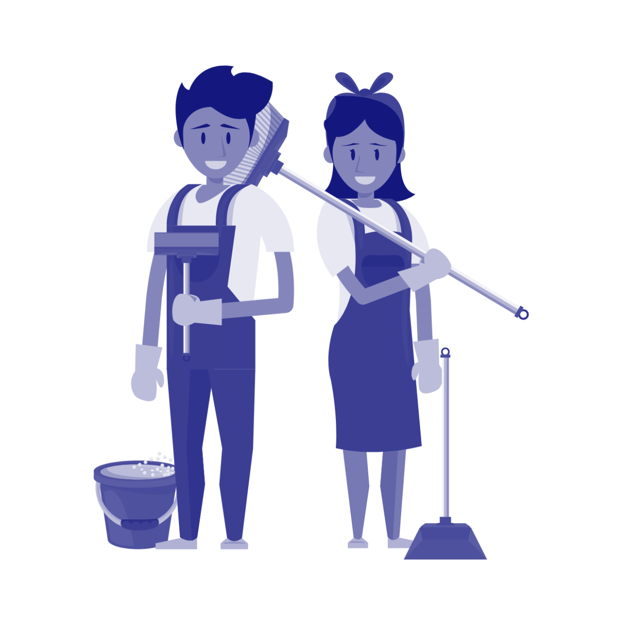cartoon man and woman tinted blue carrying cleaning supplies