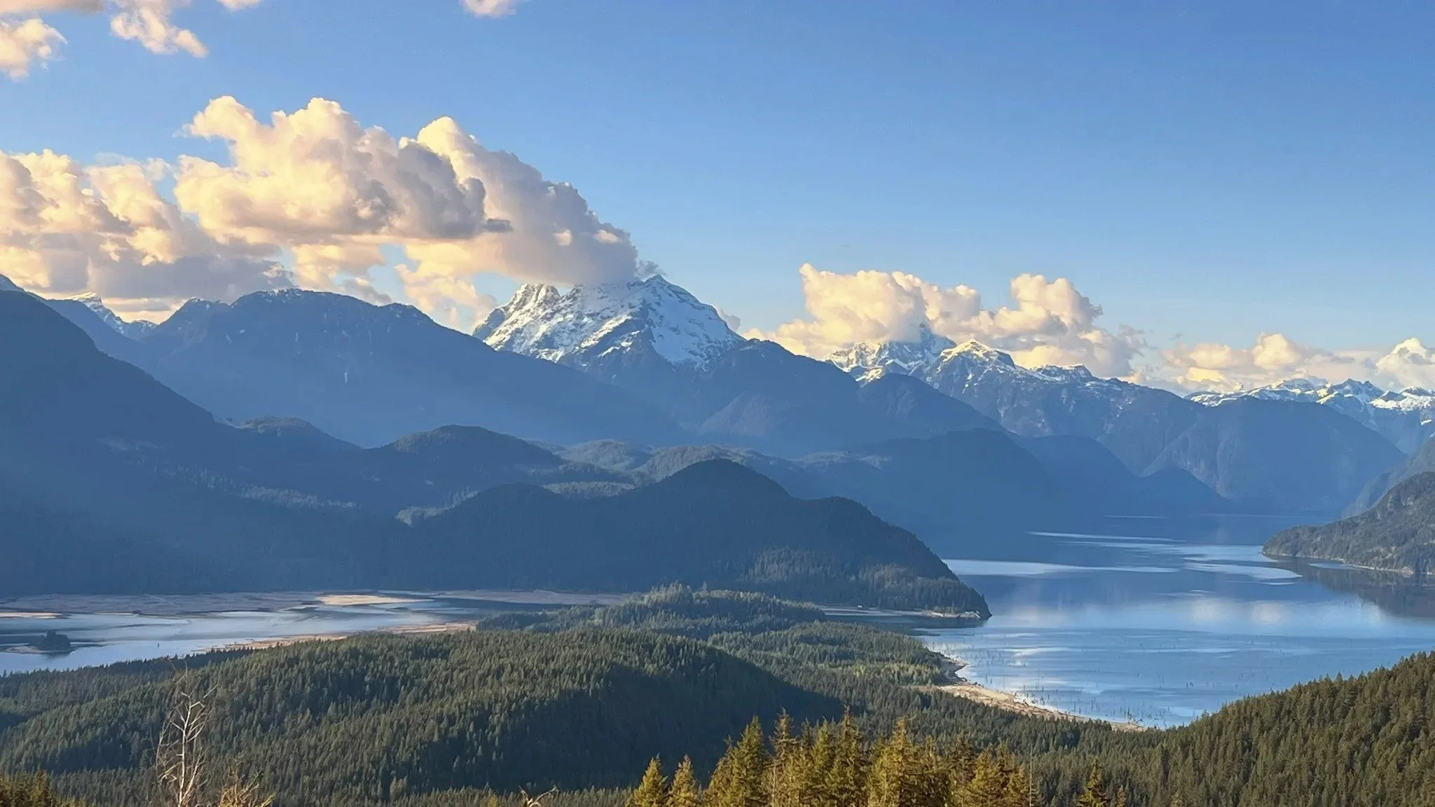 Beautiful view point overlooking stave lake and robie reid in the clouds in Mission British Columbia