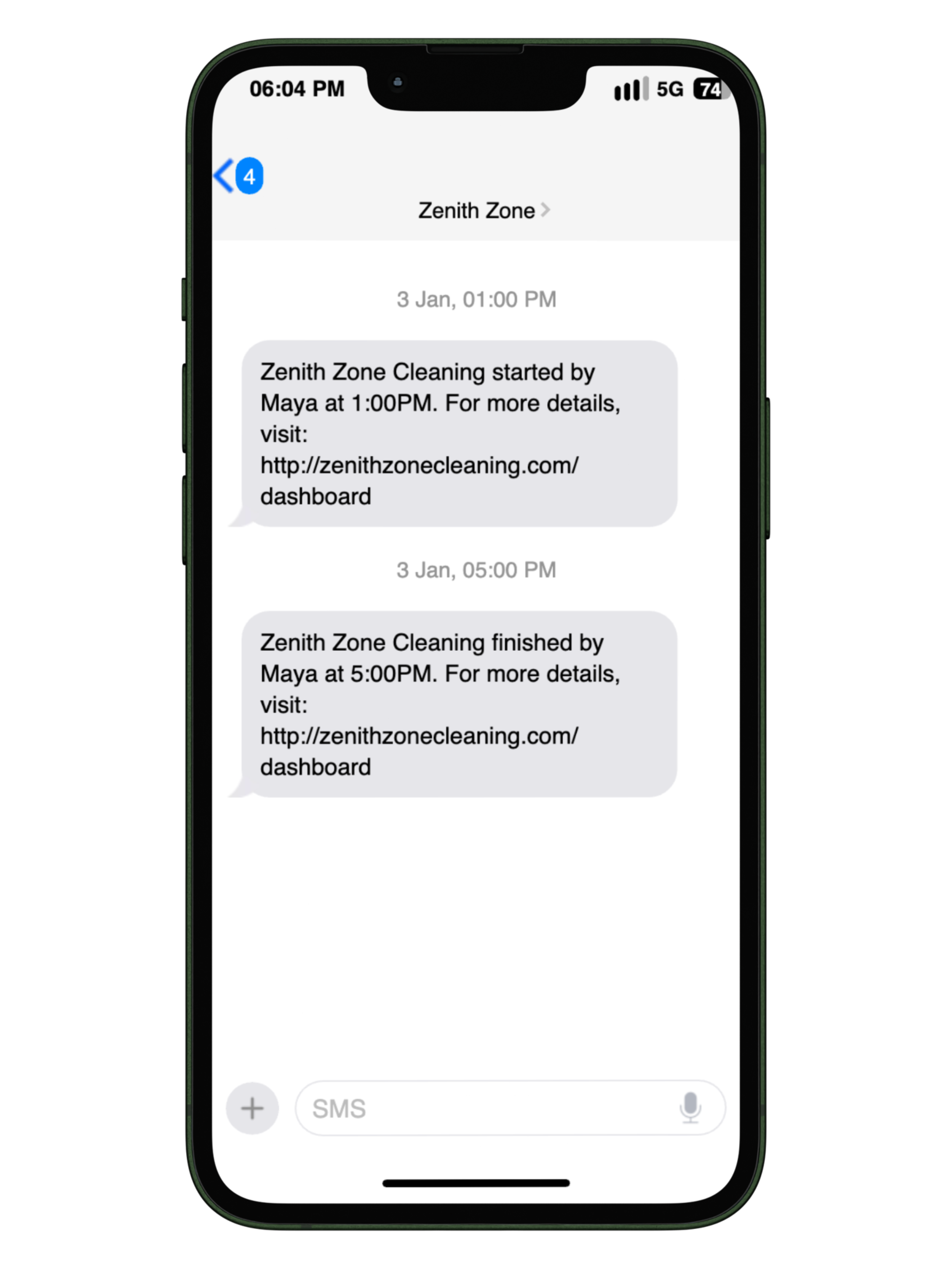 iphone receiving texts from zenith zone cleaning