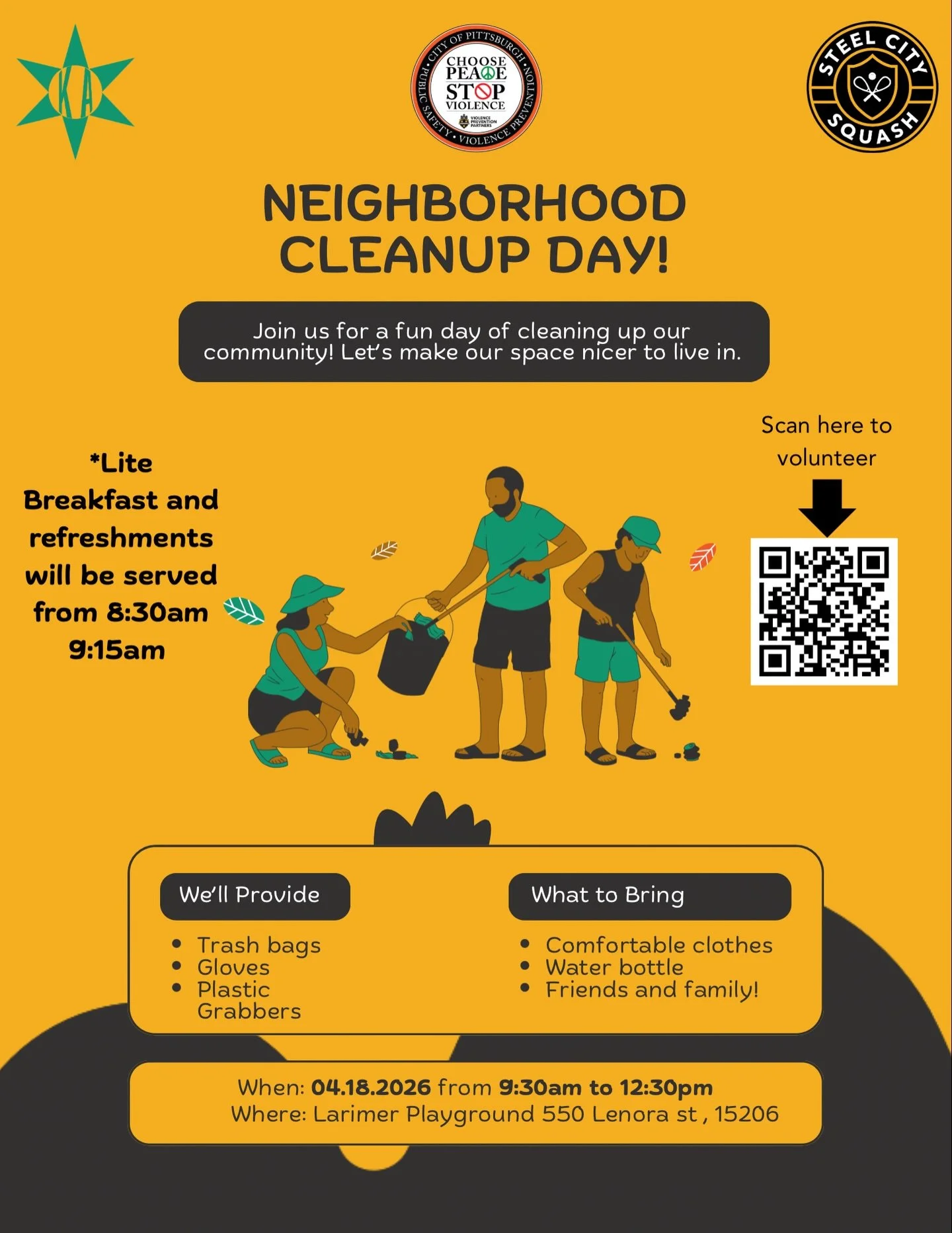 🧹✨ LARIMER, LET&rsquo;S COME TOGETHER! ✨🧹
Steel City Squash 🤝 The Kingsley Association

Join us for a powerful day of community, connection, and impact at our Neighborhood Clean-Up Day on Saturday, April 18, 2026 💪🏾🖤💛

This is more than a clea