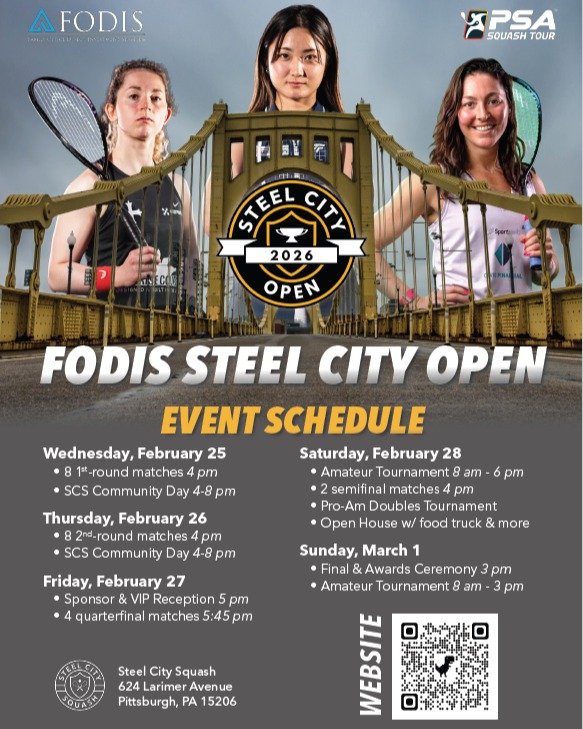 Steel City, are you ready? 🏆

The FODIS Steel City Open is bringing world-class squash, community events, and championship energy to the court. From early-round battles to the Finals showdown, it&rsquo;s a week you won&rsquo;t want to miss.

📅 Feb 