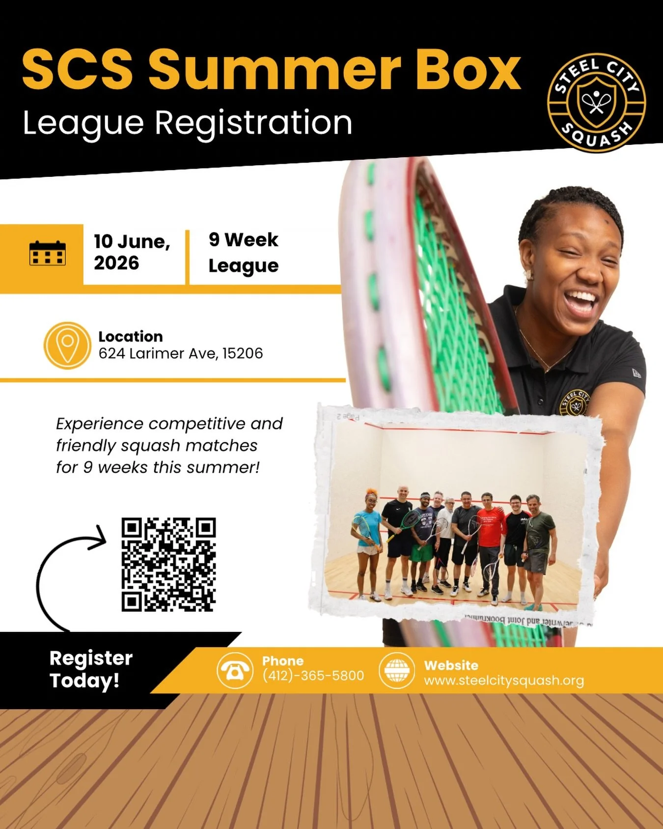 Registration is officially open for the 2026 SCS Summer Box League!

Join us for 9 weeks of competitive and friendly squash, starting June 10, with match play, community, and a great summer atmosphere at Steel City Squash.

Players of all ages and sk