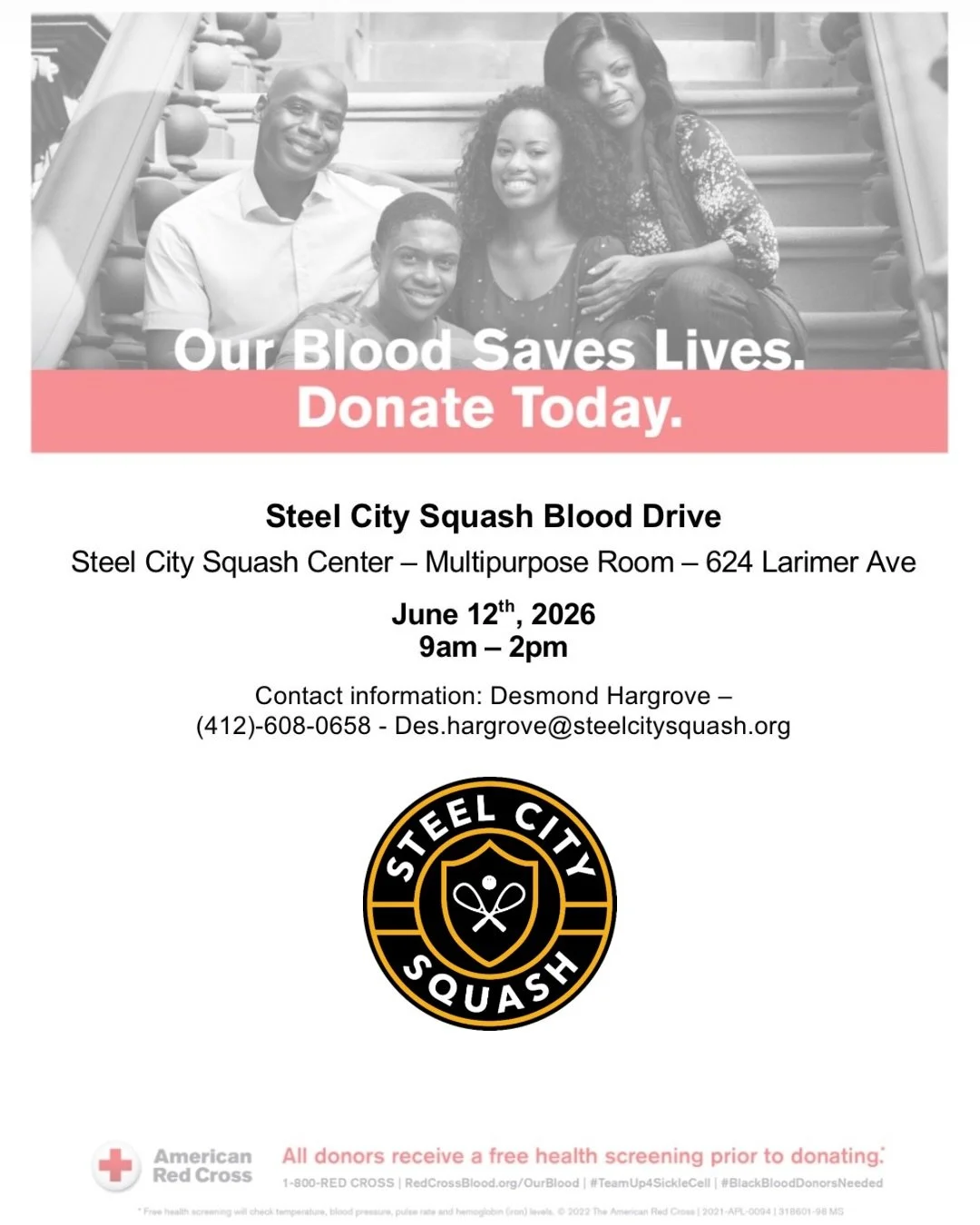🩸 Be kind. Help save a life.

Steel City Squash is partnering with the American Red Cross for a community blood drive, and we&rsquo;d love for you to join us.

Your donation can make a real difference for patients and families in need. All donors wi