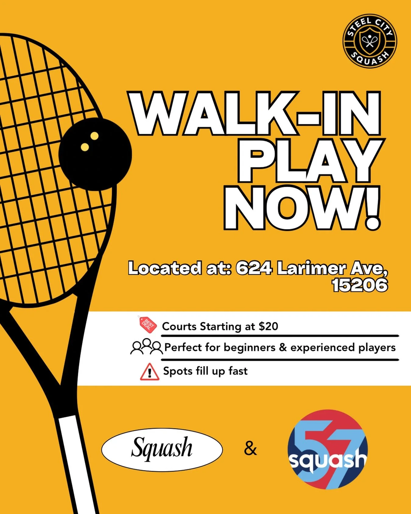 Ready to get on court? Steel City Squash is open for walk-in play.

Whether you&rsquo;re new to the game or already have experience, this is your chance to play, compete, and level up in a welcoming space.

📍 624 Larimer Ave, 15206
💲 Courts startin