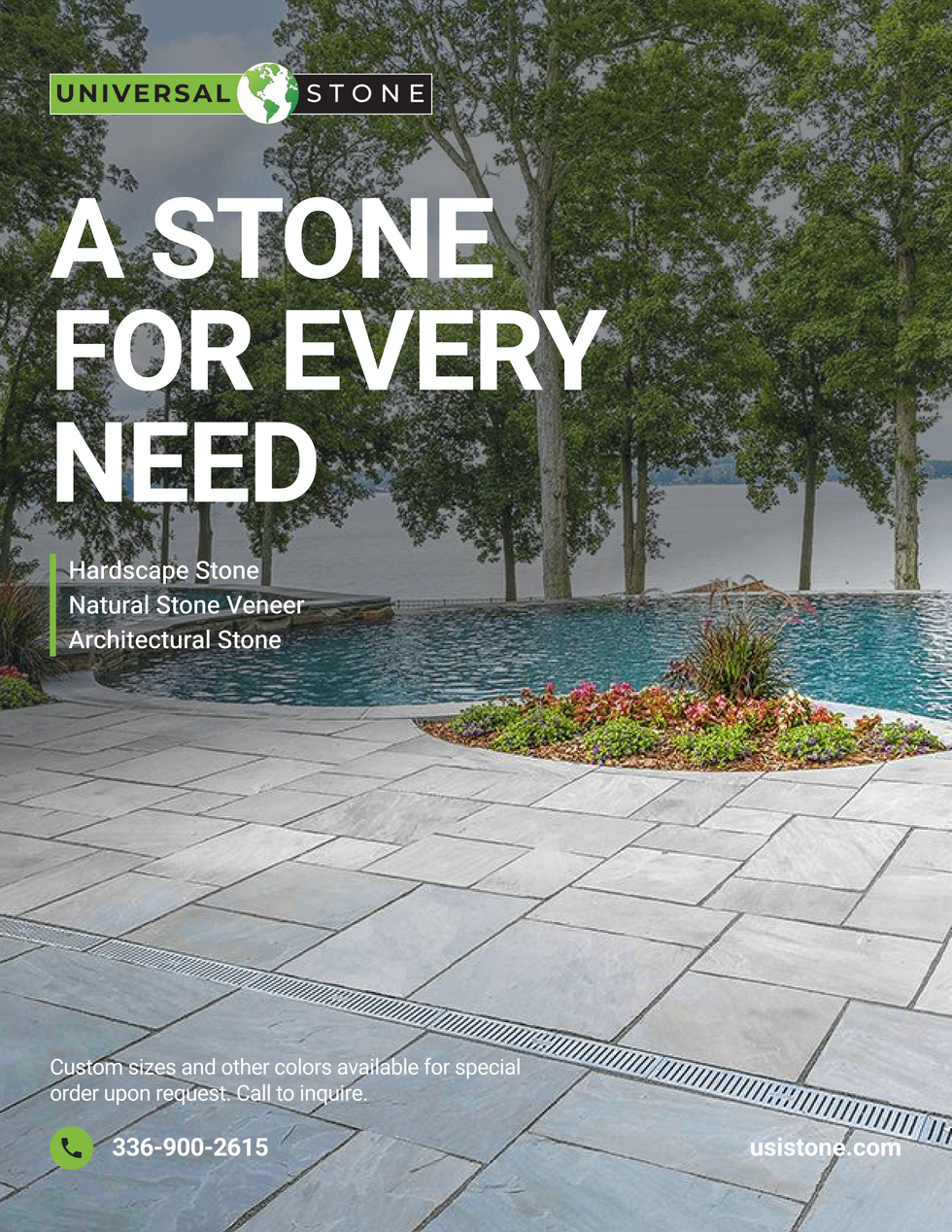 A promotional flyer for Universal Stone featuring a landscaped outdoor patio with stone tiles, a flower bed, trees, and a body of water in the background.