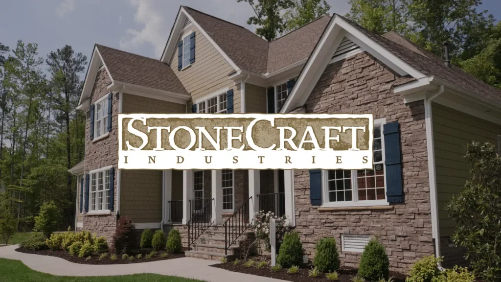 A large, two-story house with a combination of stone and siding exterior, white window frames, and a gabled roof; front yard with shrubs and a walkway leading to the front stairs.