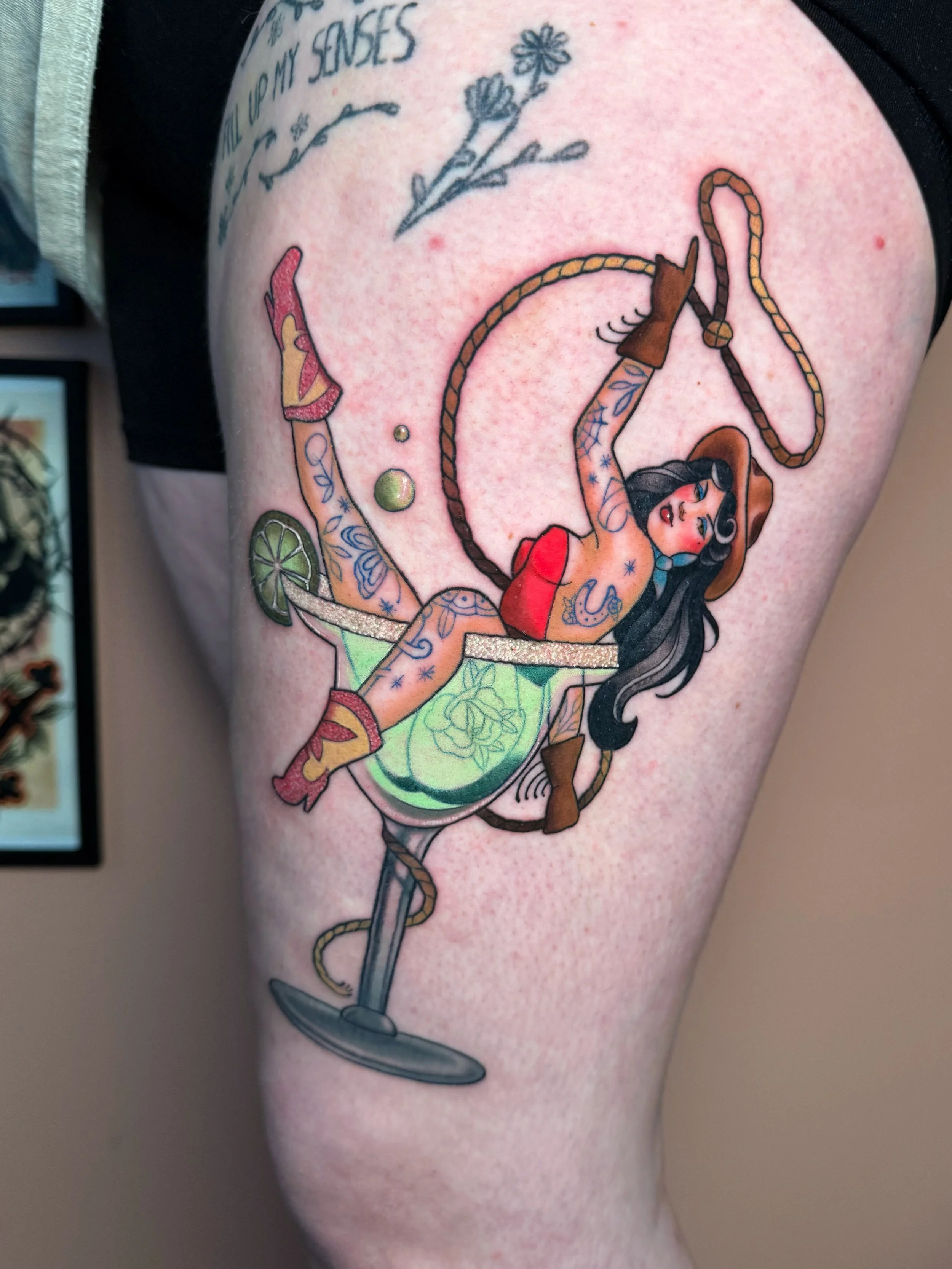 cowgirl pin up neotraditional tattoo cocktail glass