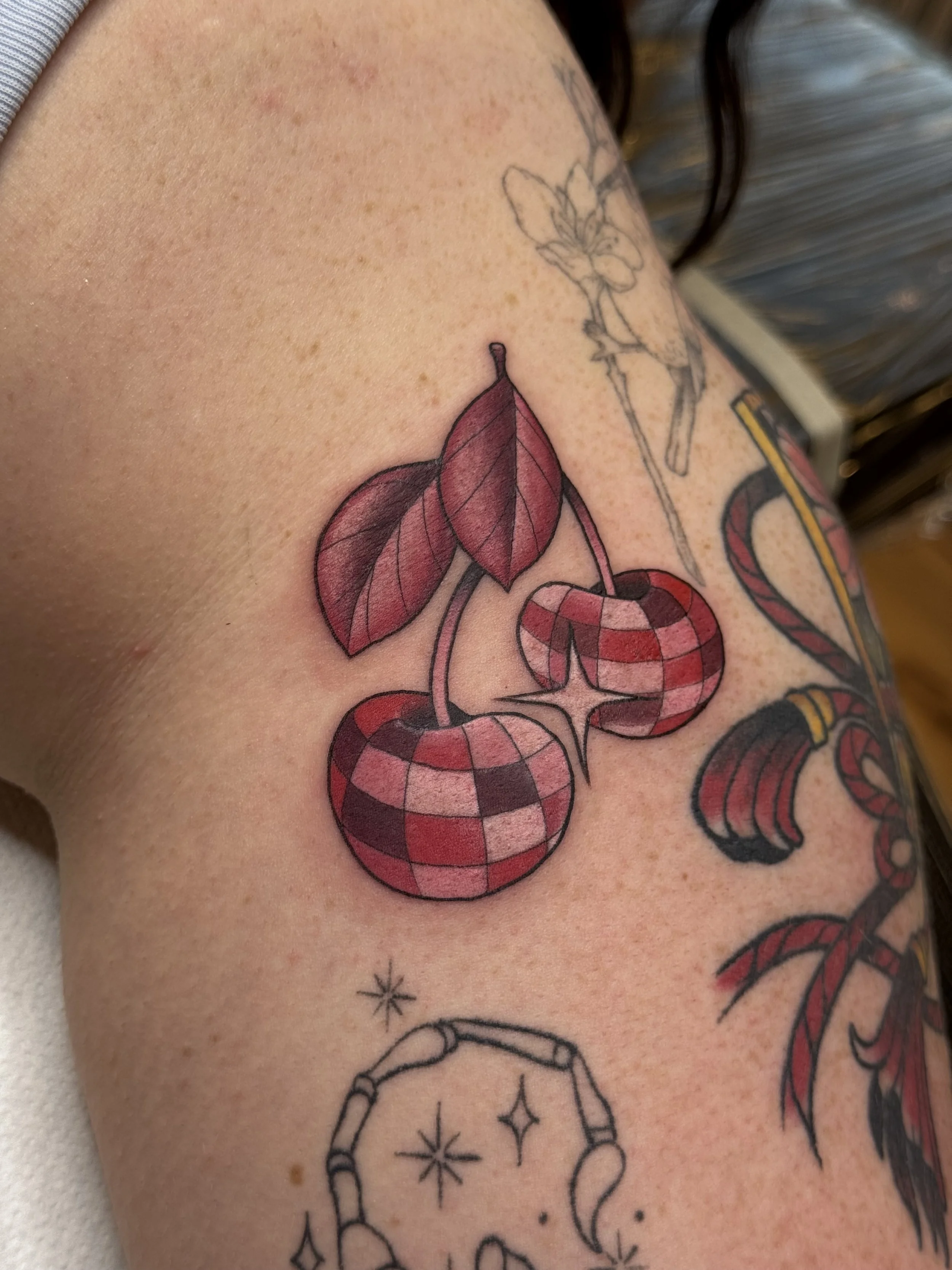 Cherry disco balls, neotraditional/illustrative tattoo in color