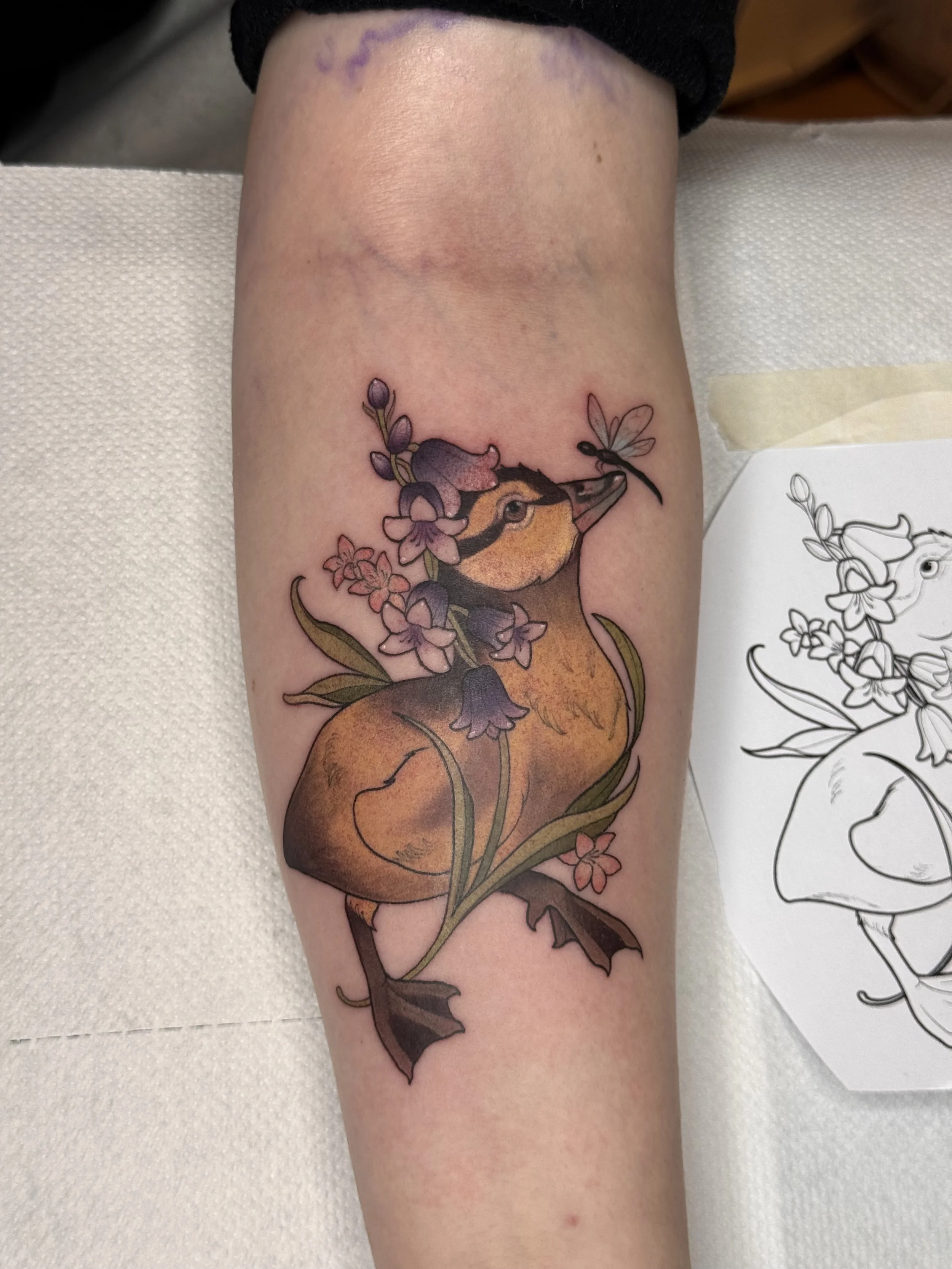 Duckling with flowers neotraditional/illustrative colortattoo