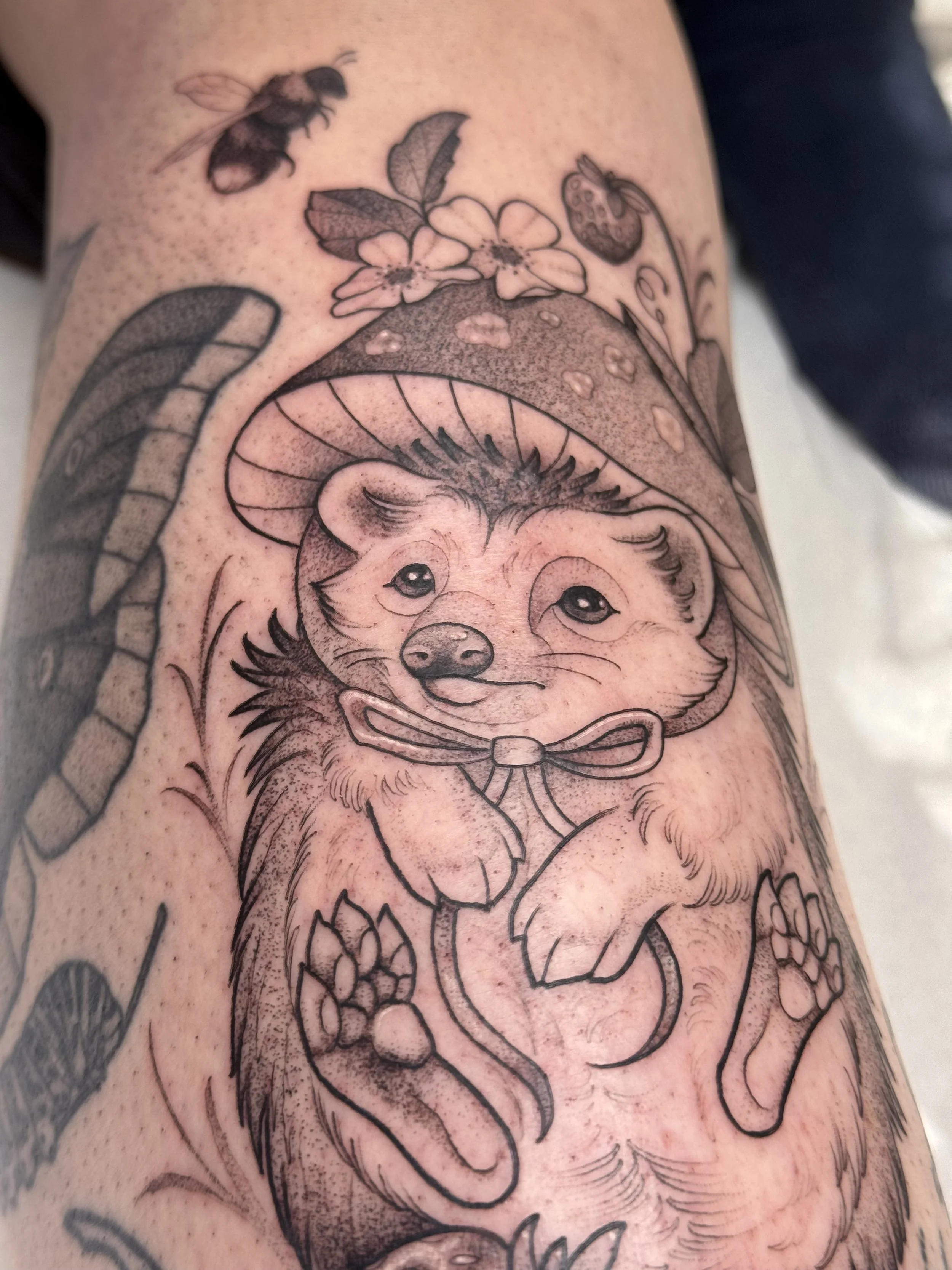 Close up of a fineline/neotraditional/illustrative hedgehog tattoo in black and grey dot shading