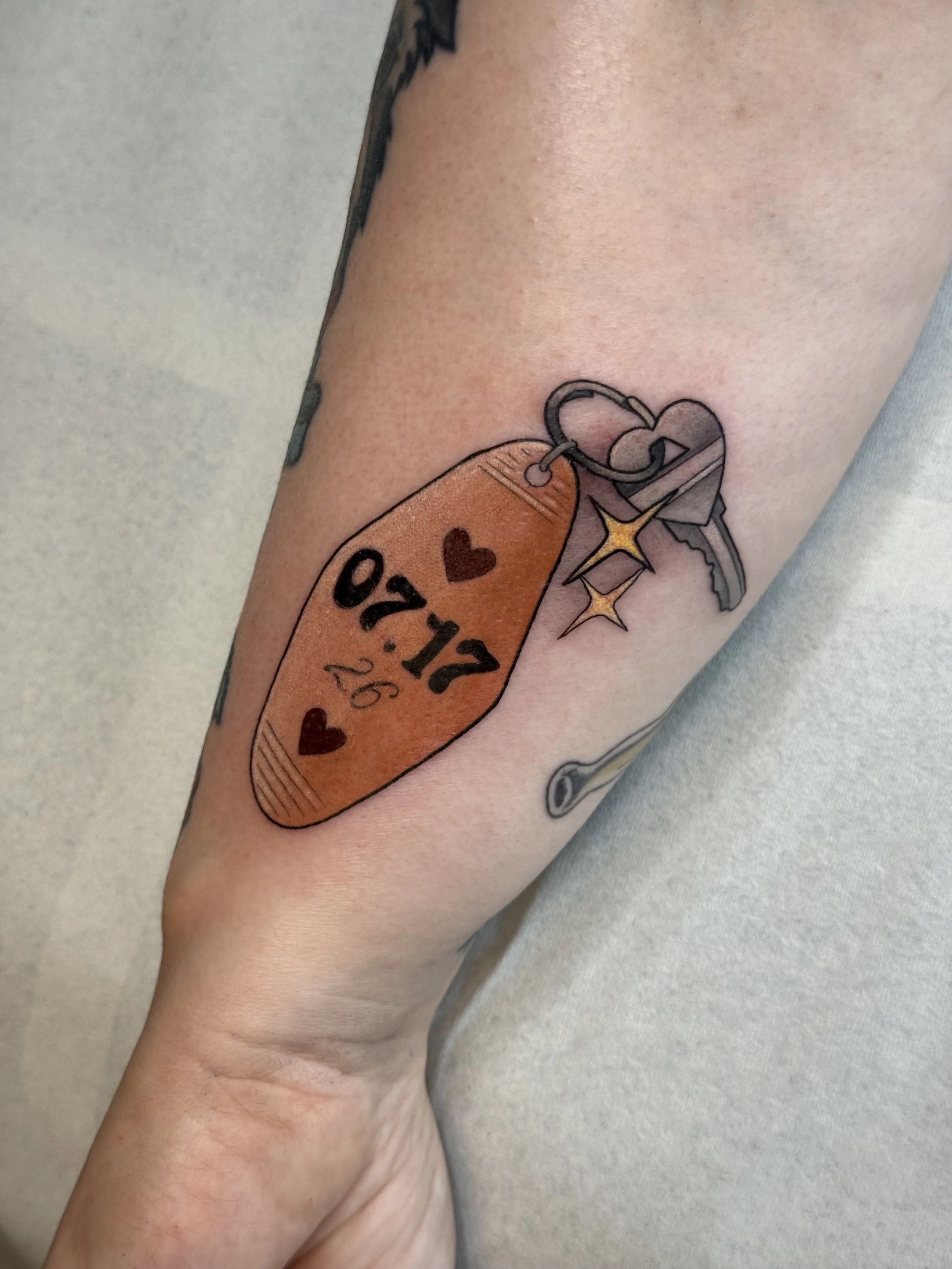 Motel key chain tattoo, neotraditional/illustrative