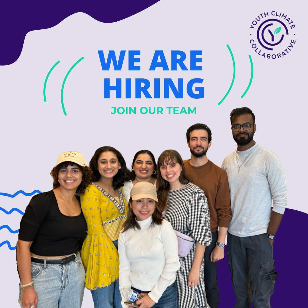 Group of diverse young adults smiling, standing together in front of a modern graphic background with text that says 'We Are Hiring, Join Our Team' and a logo for Youth Climate Collaborative.