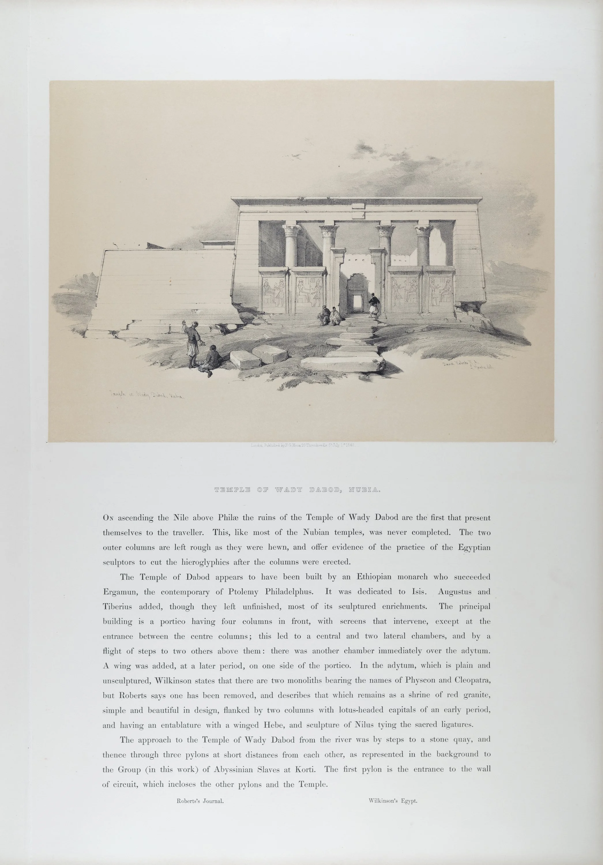Temple of Wady Dabod, Nubia: Original 19th C. Lithograph by D. Roberts