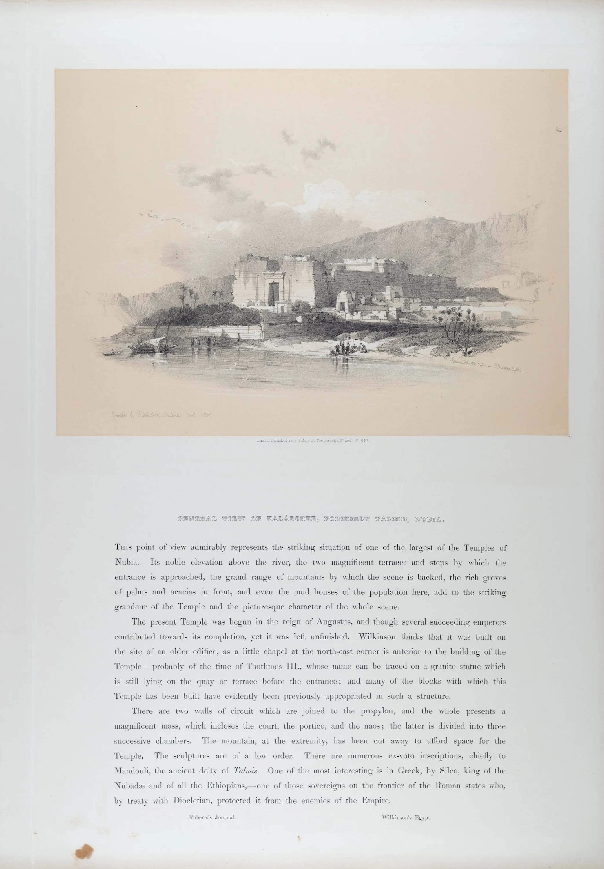 View of Temple Kalabshee, Nubia: Original 19th C. Lithograph by D. Roberts