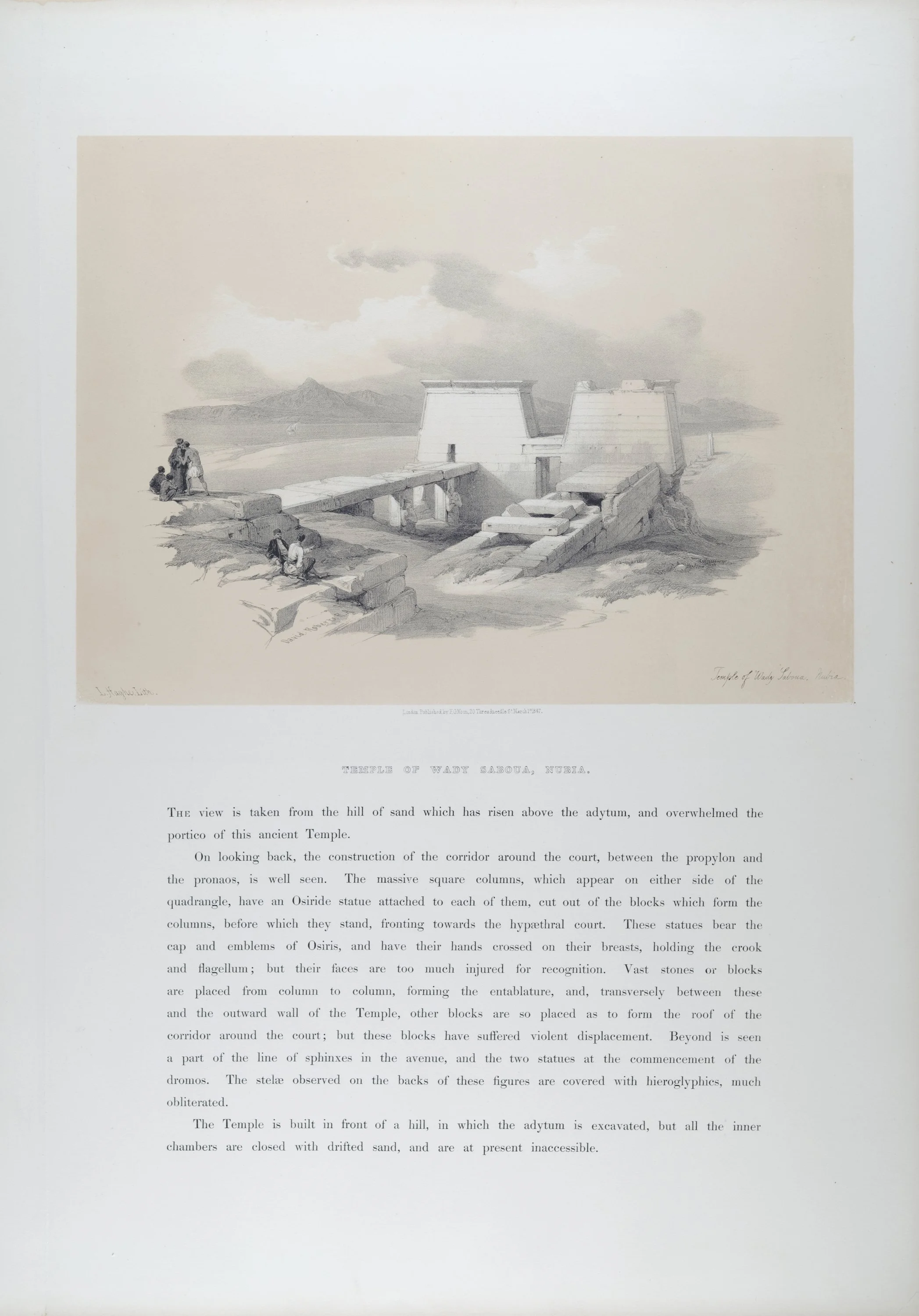 Temple of Wady Saboua, Nubia, Egypt: Original 19th C. Lithograph by D. Roberts