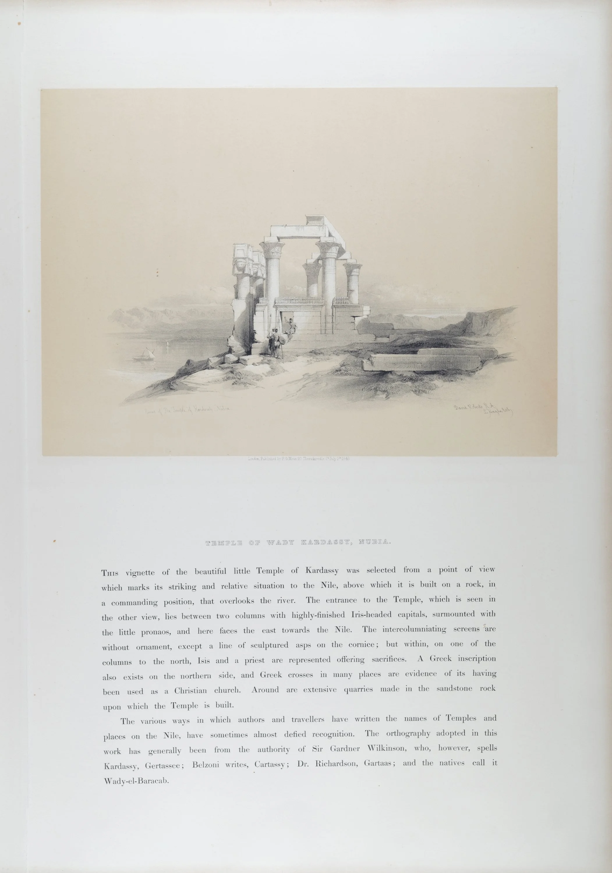 Temple of Wady Kardassy, Nubia, Egypt: Original 19th C. Lithograph by D. Roberts