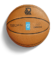 Basketball with branding and certification stickers