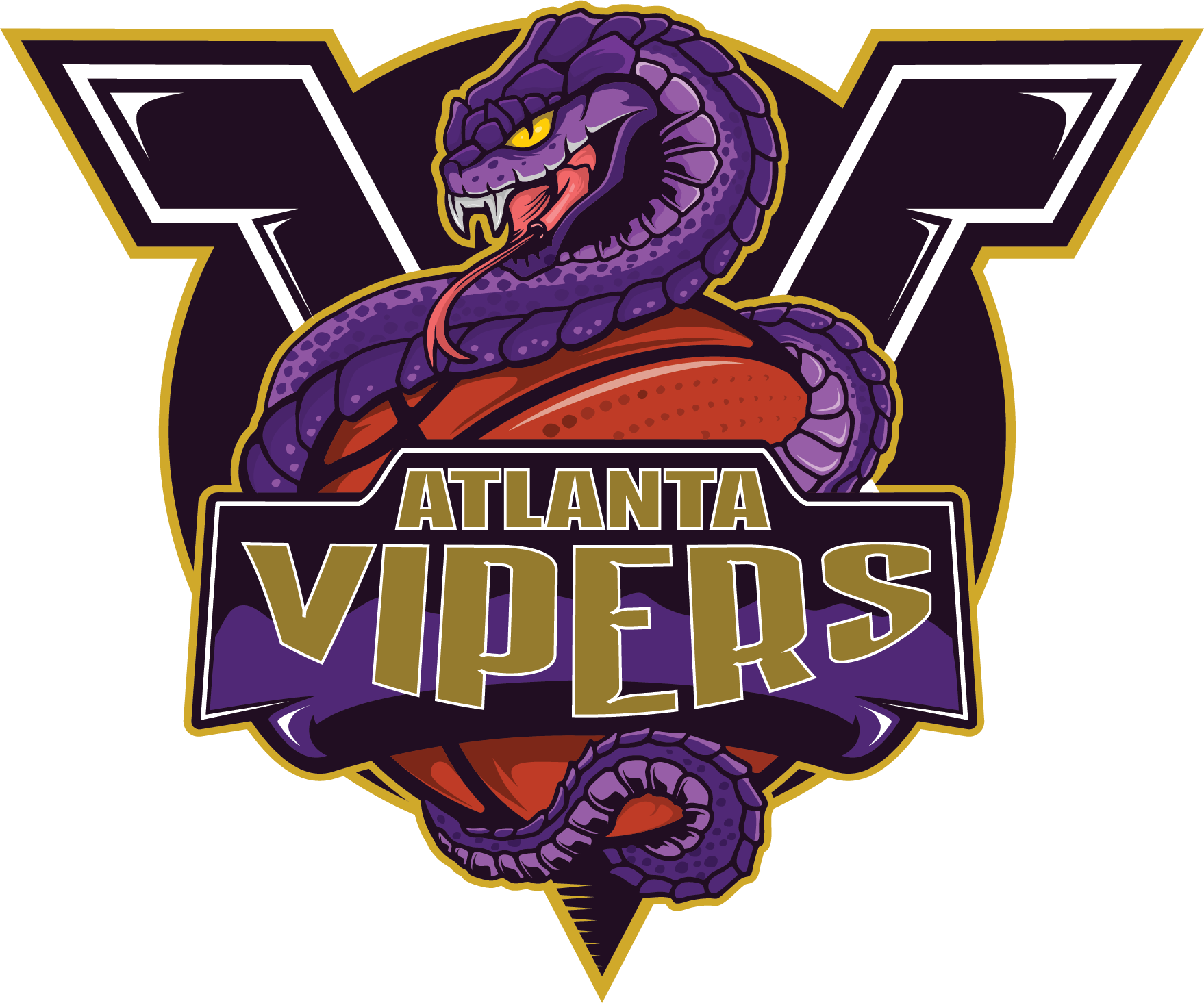Logo of Atlanta Vipers featuring a purple snake coiled around a basketball with bold text.
