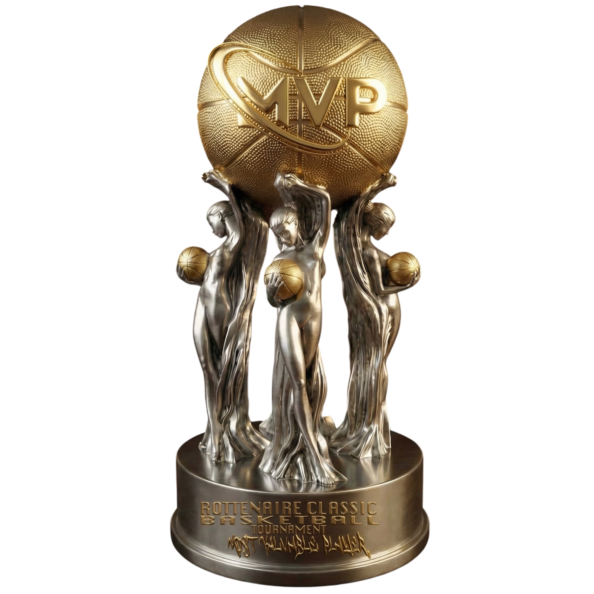 A statue featuring multiple silver-colored female figures holding basketballs, supporting a large gold basketball with the letters 'MVP' engraved, with the pedestal inscribed with 'Rottnaire Classic Basketball Tournament Most Valuable Player.'