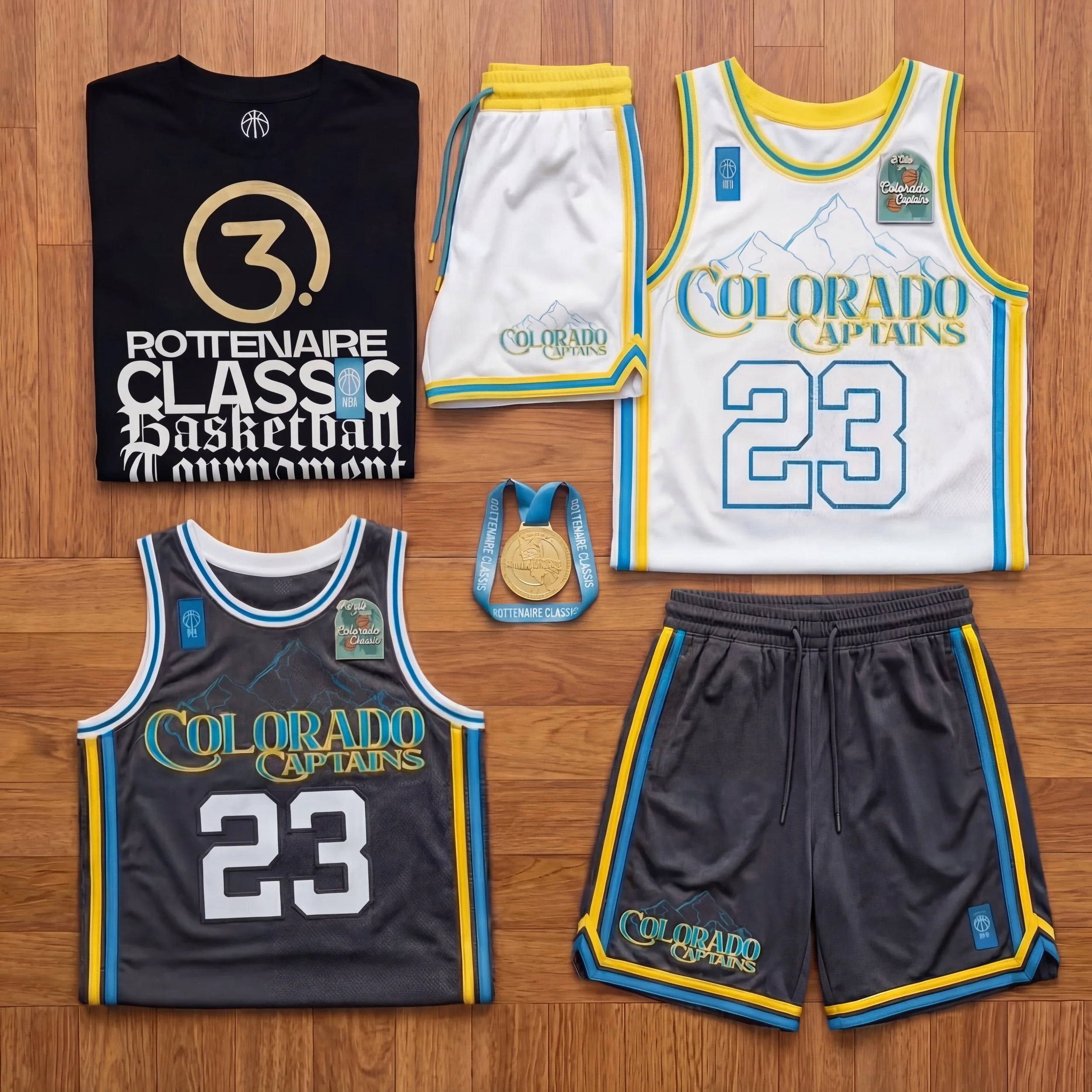 Basketball uniform collection includes a black T-shirt, a pair of white shorts, two basketball jerseys, a medal, and a pair of black shorts, all with Colorado Captains branding and yellow, blue, and white accents.