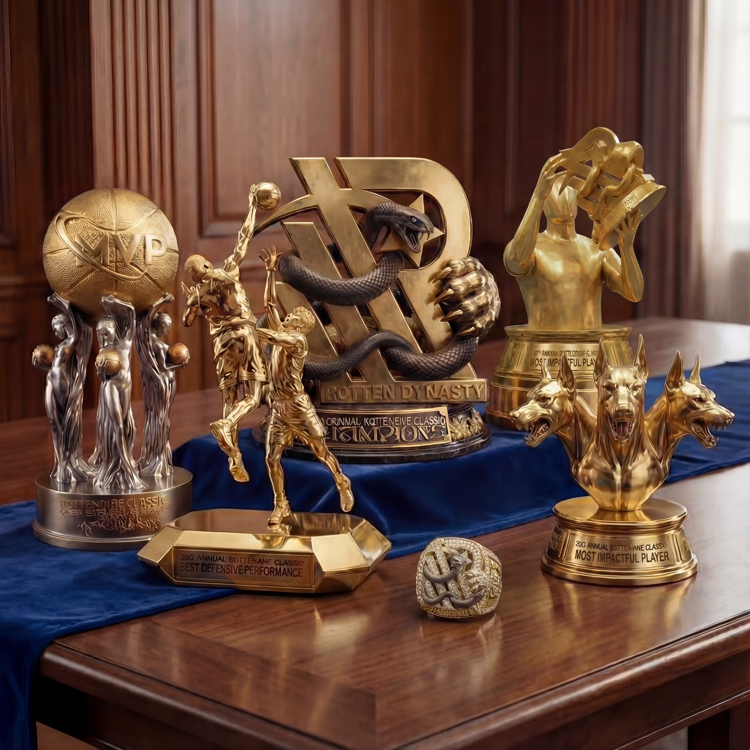 Collection of sports trophies on wooden table, including awards for football performance, most impactful player, and a championship of some kind, with a blue cloth underneath.