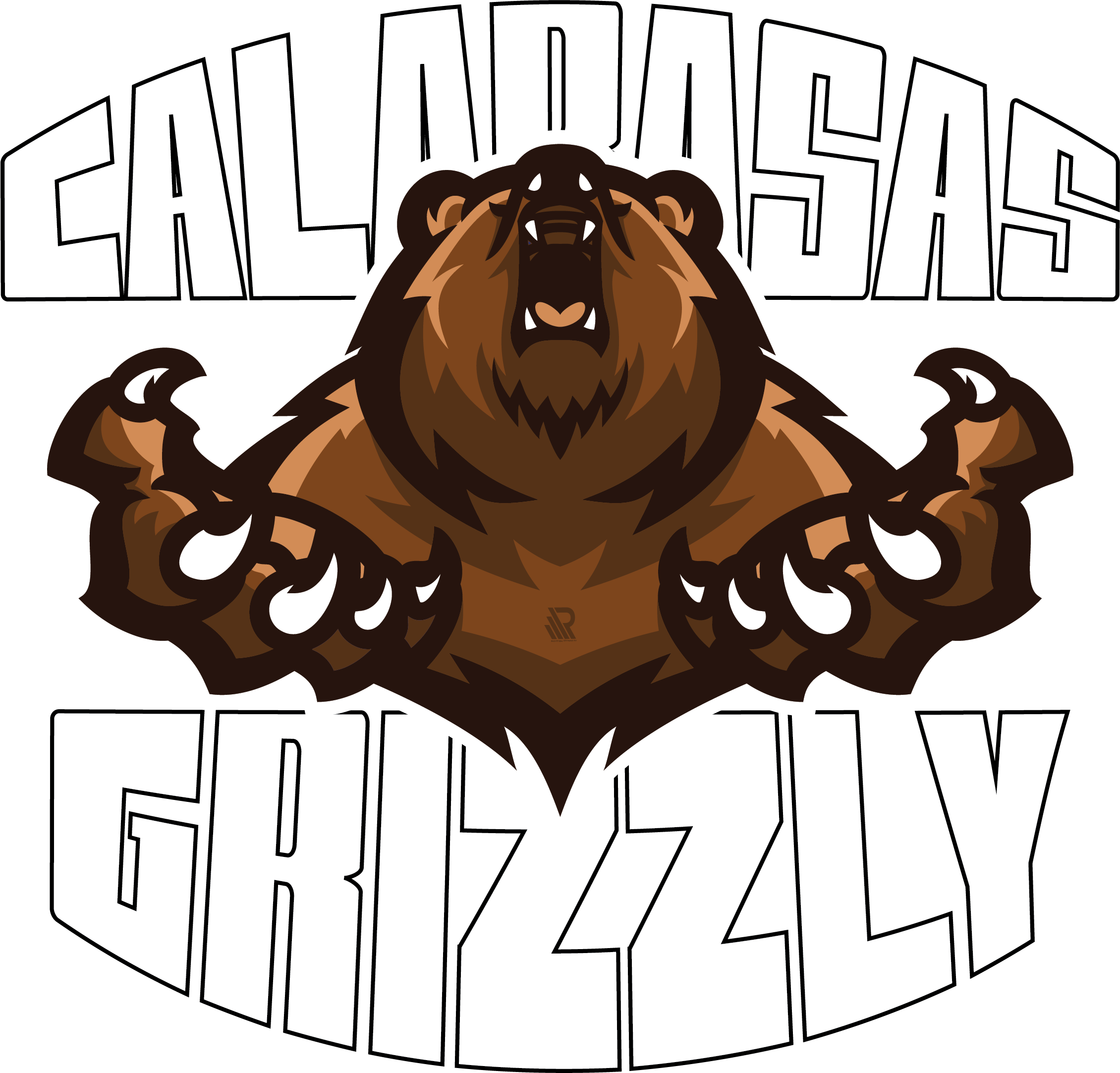 A stylized illustration of a fierce bear with brown fur, claws extended, and mouth open, on a black background with the words 'call ADRASSAS GRIZZLY' in bold white letters above and below the bear.