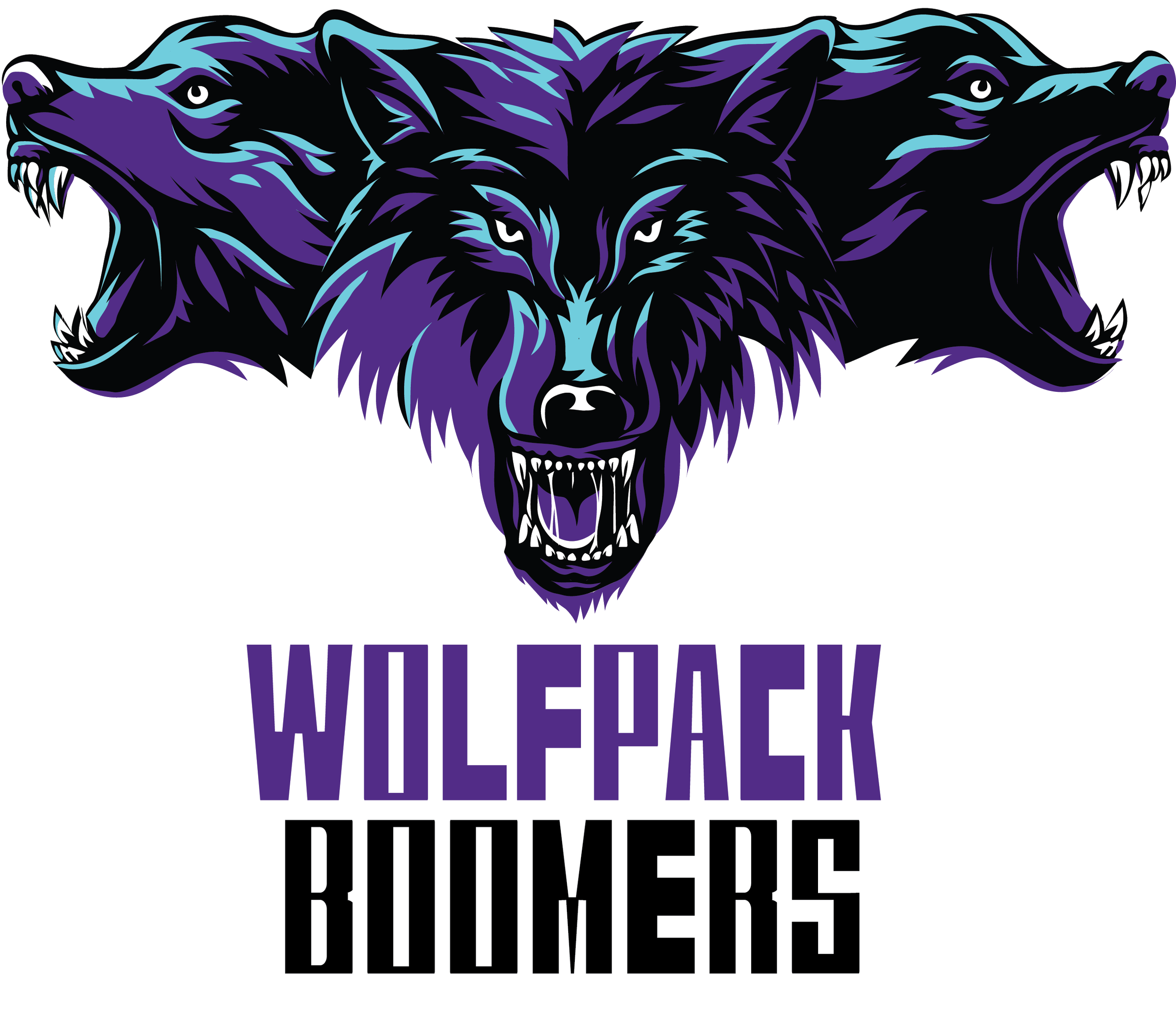 Illustration of a wolf's head with three different wolf faces, one roaring and the others snarling, above the text 'WOLFPACK BOMBERS' in bold purple and black font.