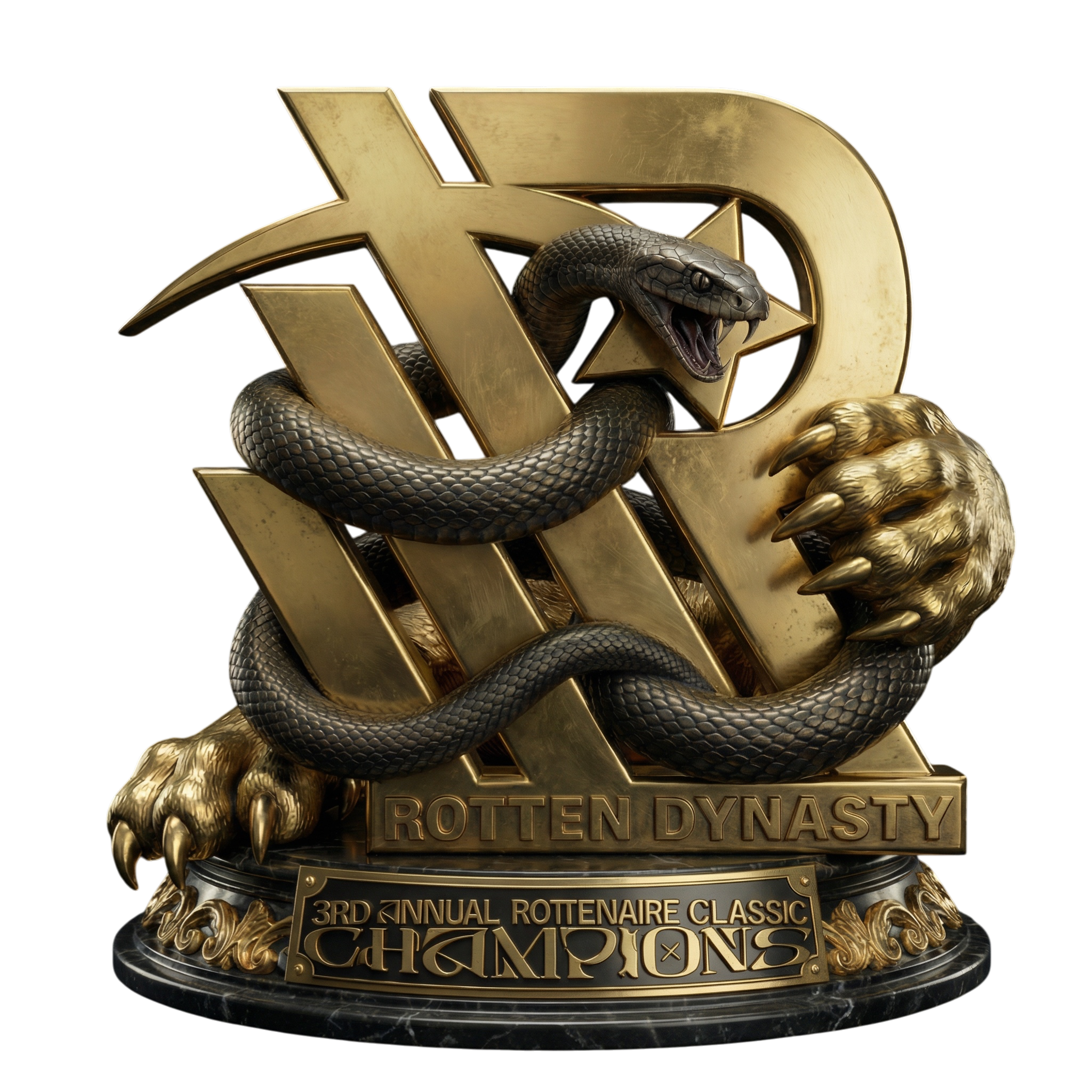 A trophy with a gold star, snake, and claws, reading 'Rotten Dynasty' and '3rd Annual Rottenaire Classic Champions'.
