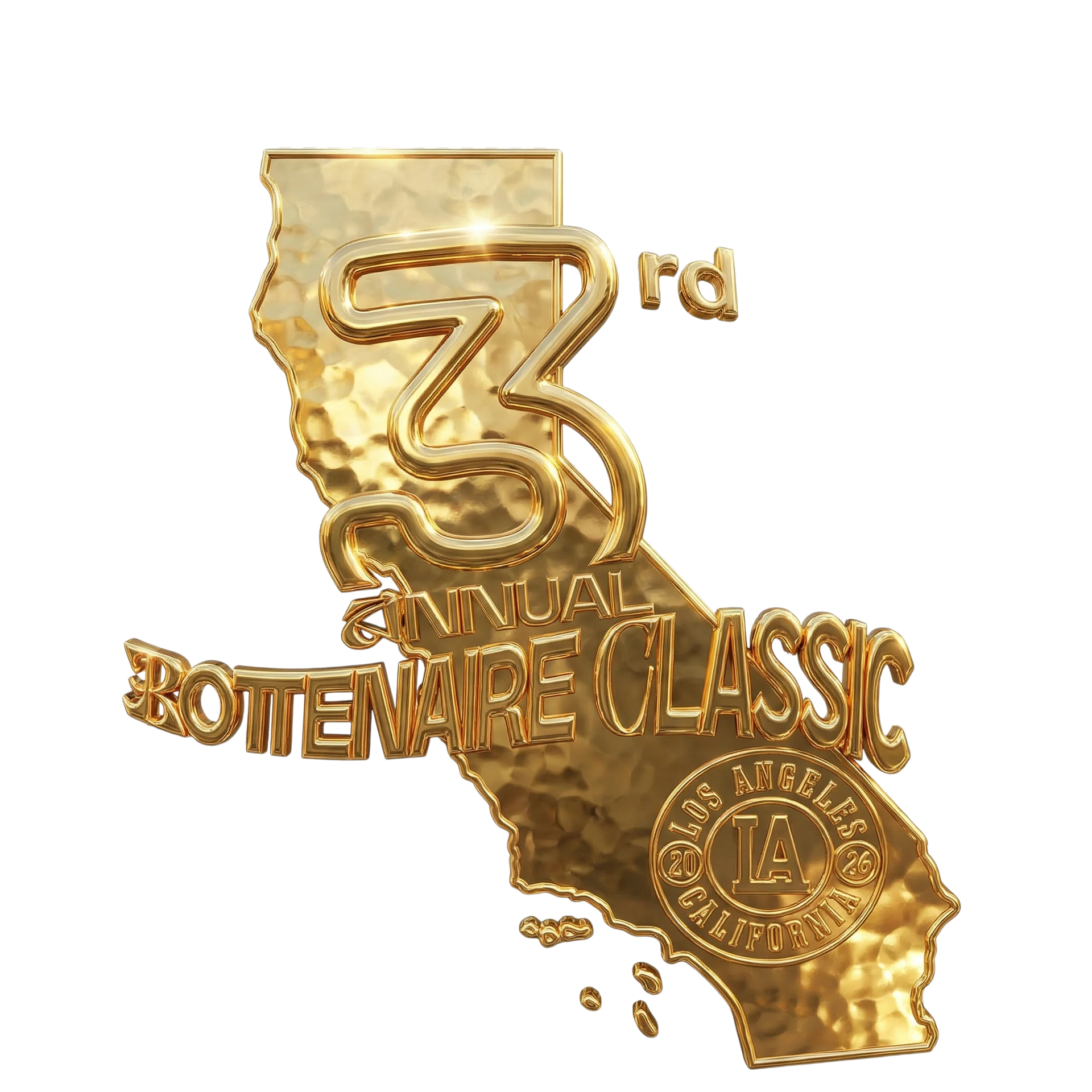Golden logo for the 73rd Annual Bottlenare Classic in Los Angeles, California, featuring the outline of California with a large number 73 and text.