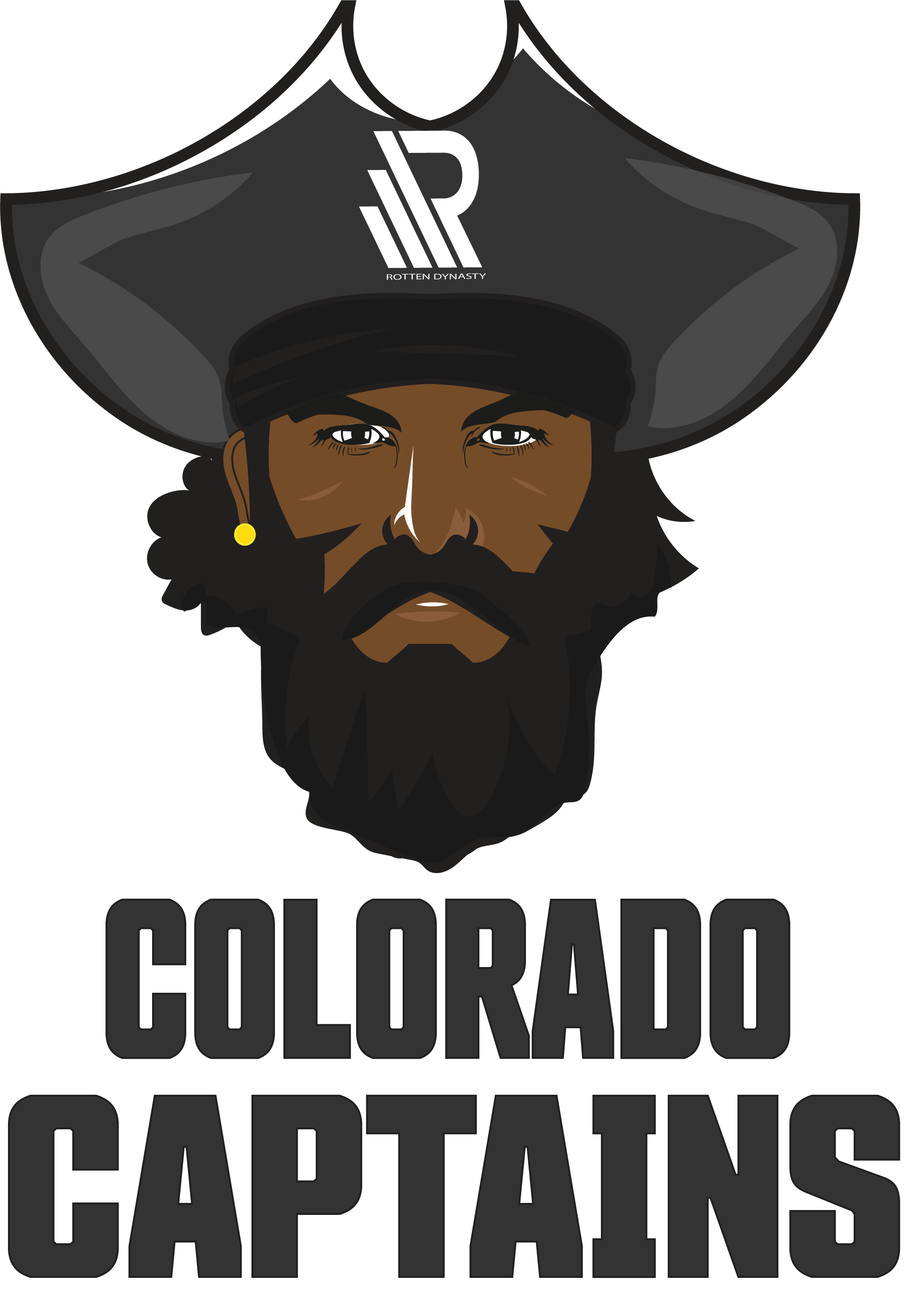 Illustration of a pirate with a black beard and mustache, wearing a large black hat with the logo 'RR' and the text 'Rotten Dynasty', with the words 'Colorado Captains' below.