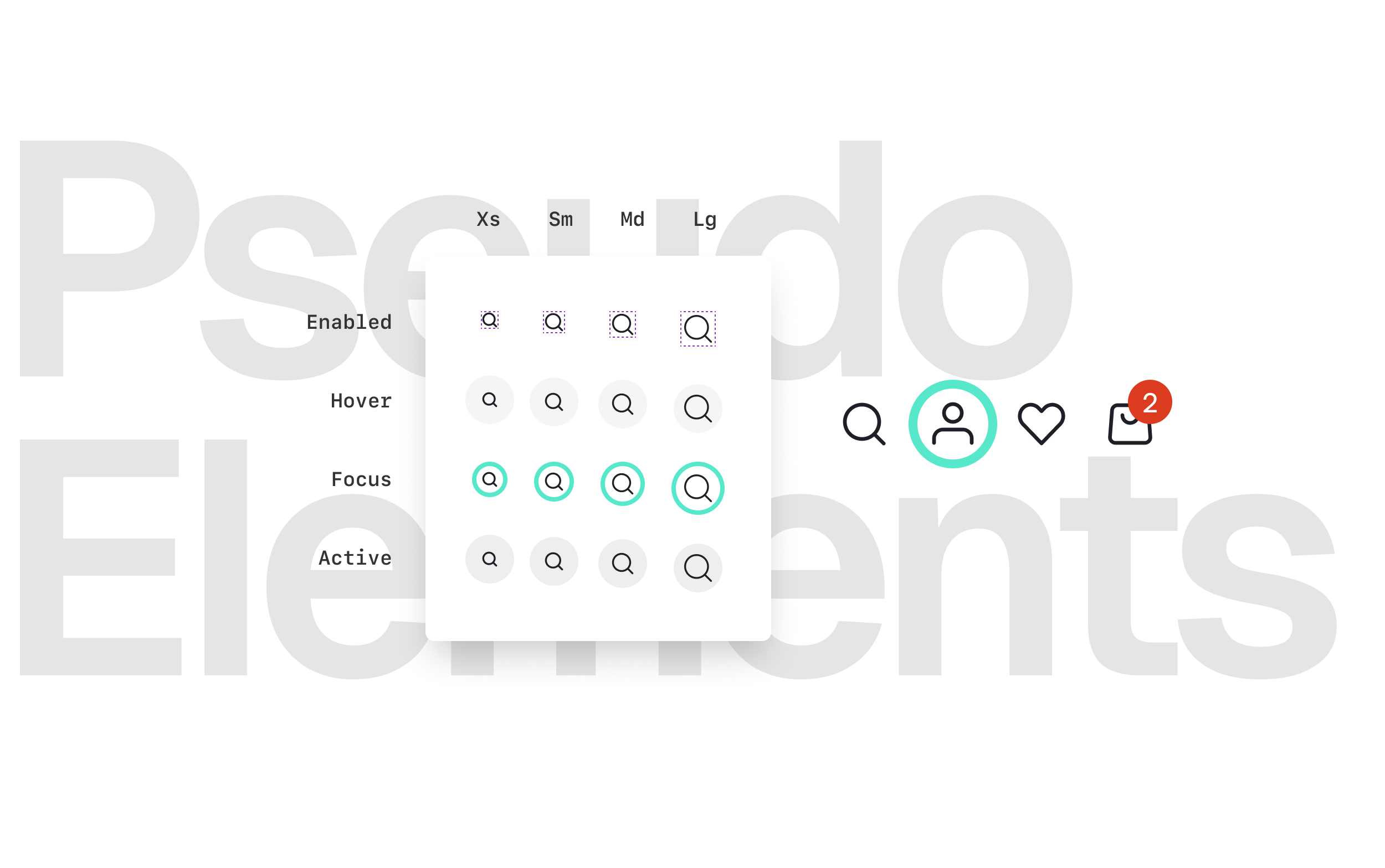 The Icon Button exemplifies our code-first approach. Each icon has a 44px target area, using state layers to simulate CSS pseudo-elements. That way, not only the icons have accessible states, but they don't have to take up that much space in a layout