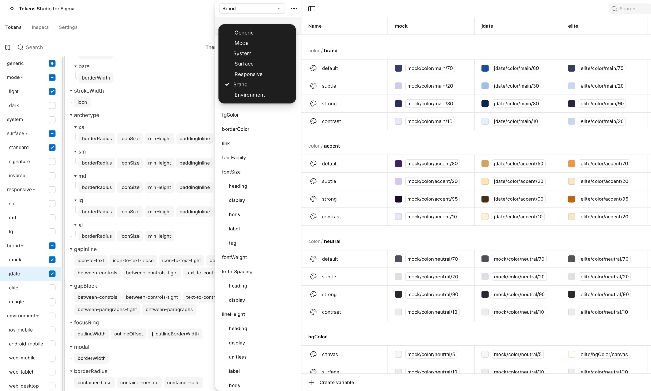 Complex tokens and themes properly exported as Figma variables, with collections named and categorized to expose only what designers need.