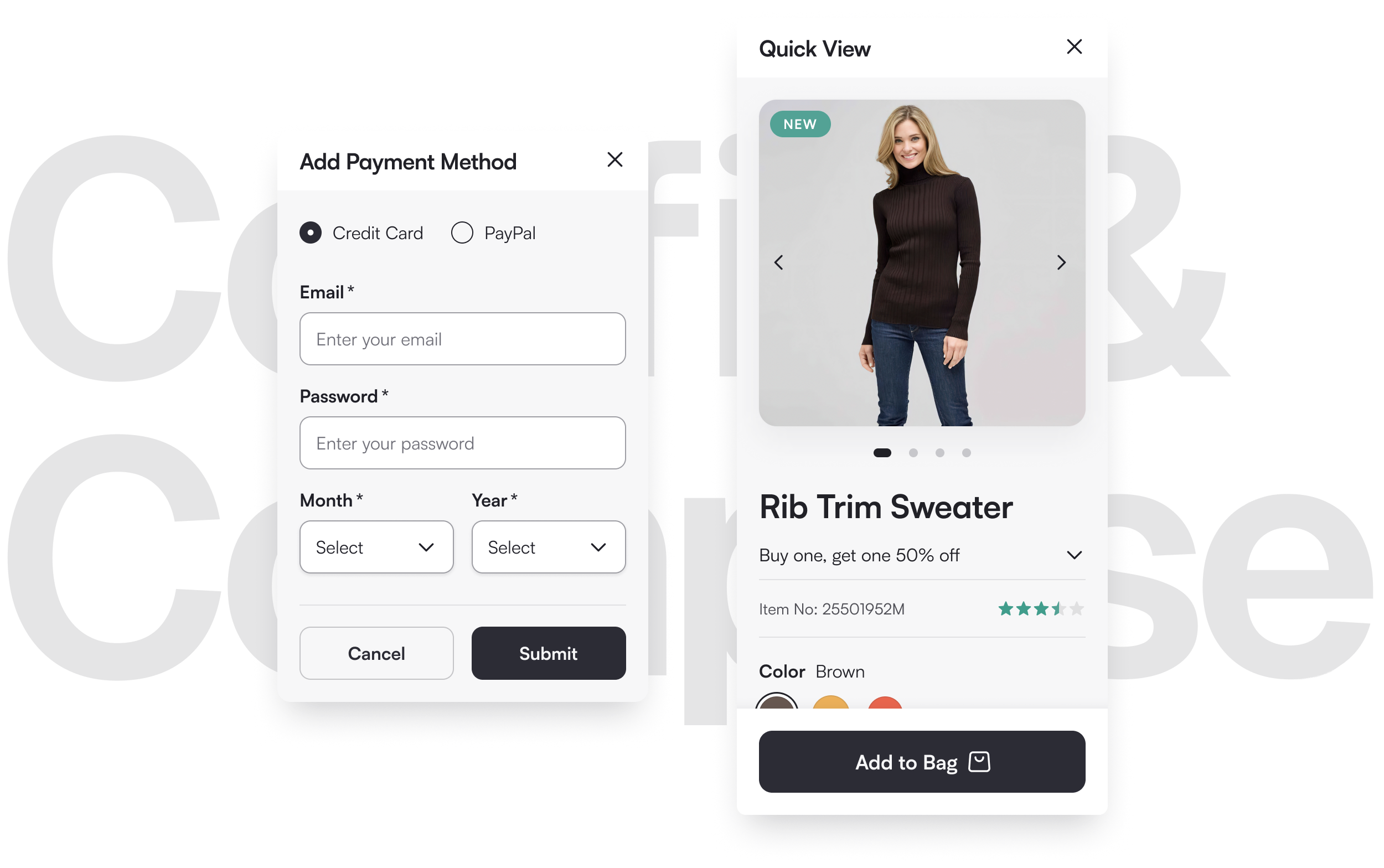 For modals, l included a prop that makes them scrollable. By default, the height adjusts automatically based on the nested content. However, enabling the “scrollable” prop allows the designer to control the height, while setting overflow to vertical 