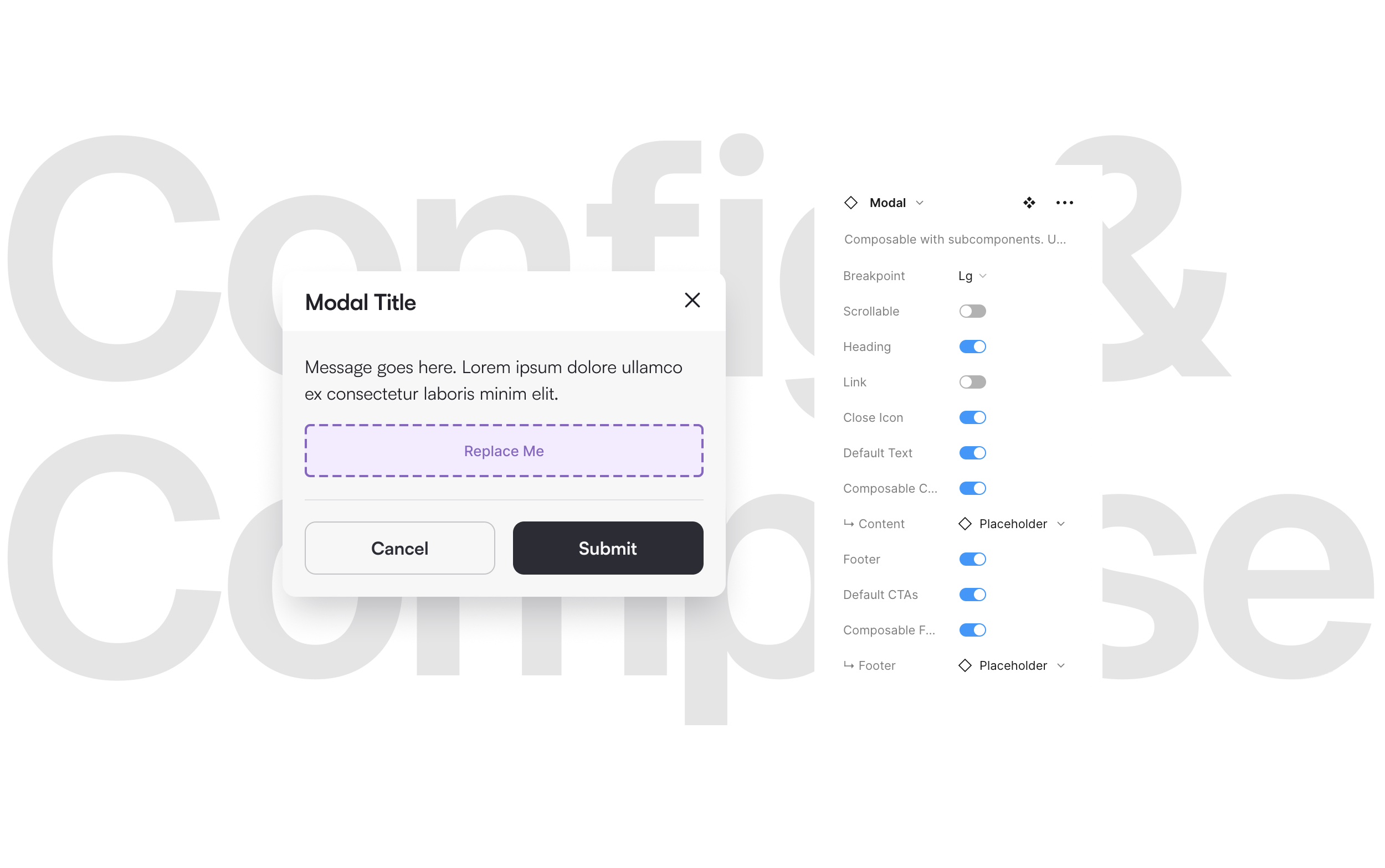 Another example of composability is the Modal Component. It includes props that meet 80% of typical content needs, while also allowing designers to easily insert custom content by replacing the nested placeholders with local components.