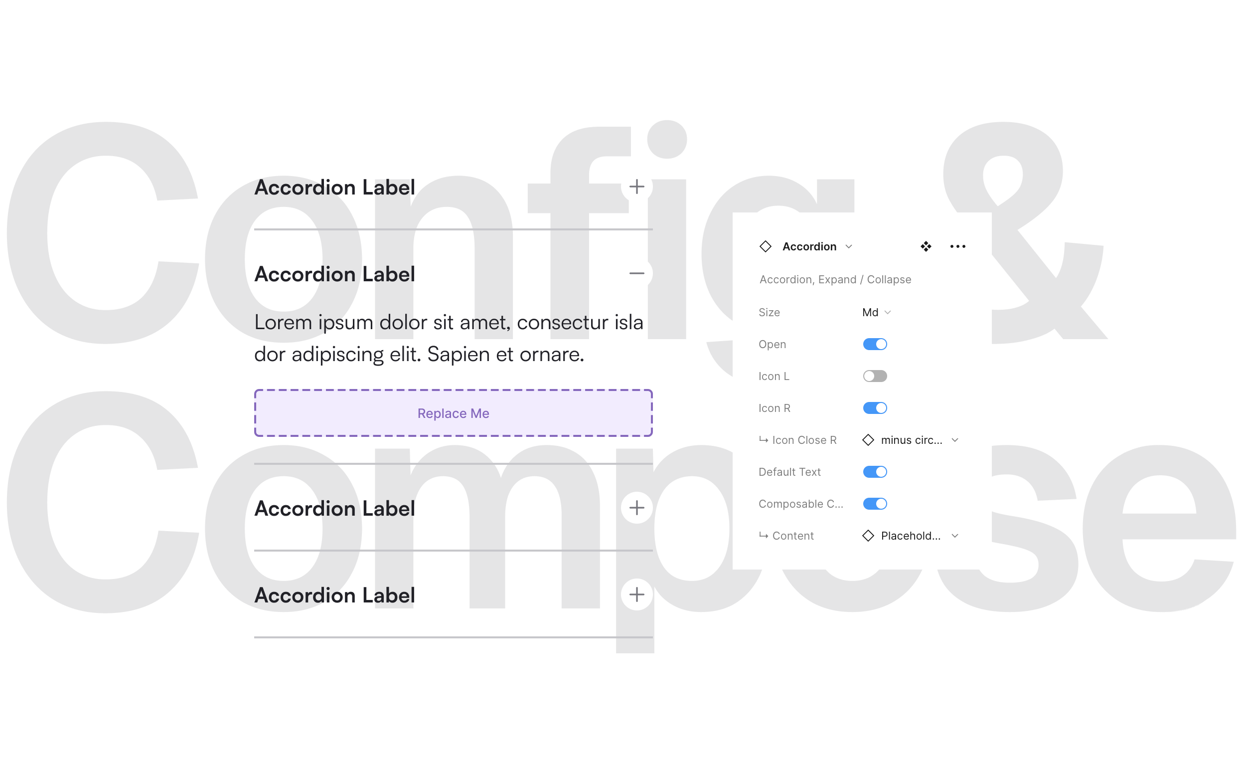 The Accordion Component is a prime example of composability. Default content satisfies 80% of use cases, while a placeholder element allows for easy customization with local components.