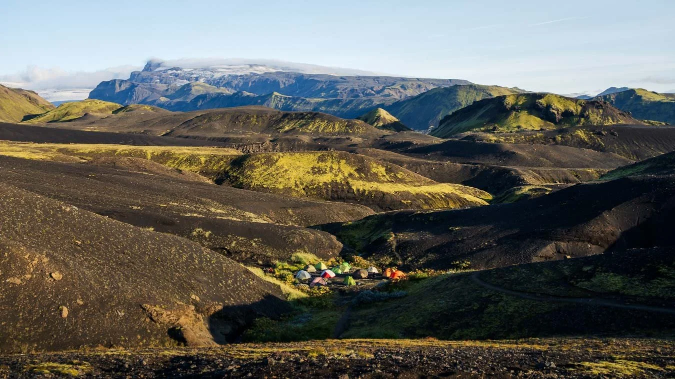  Because of the exposed location atop the hills, tents at the  Emstrur  campsite are often pitched in lower, more sheltered spots. 