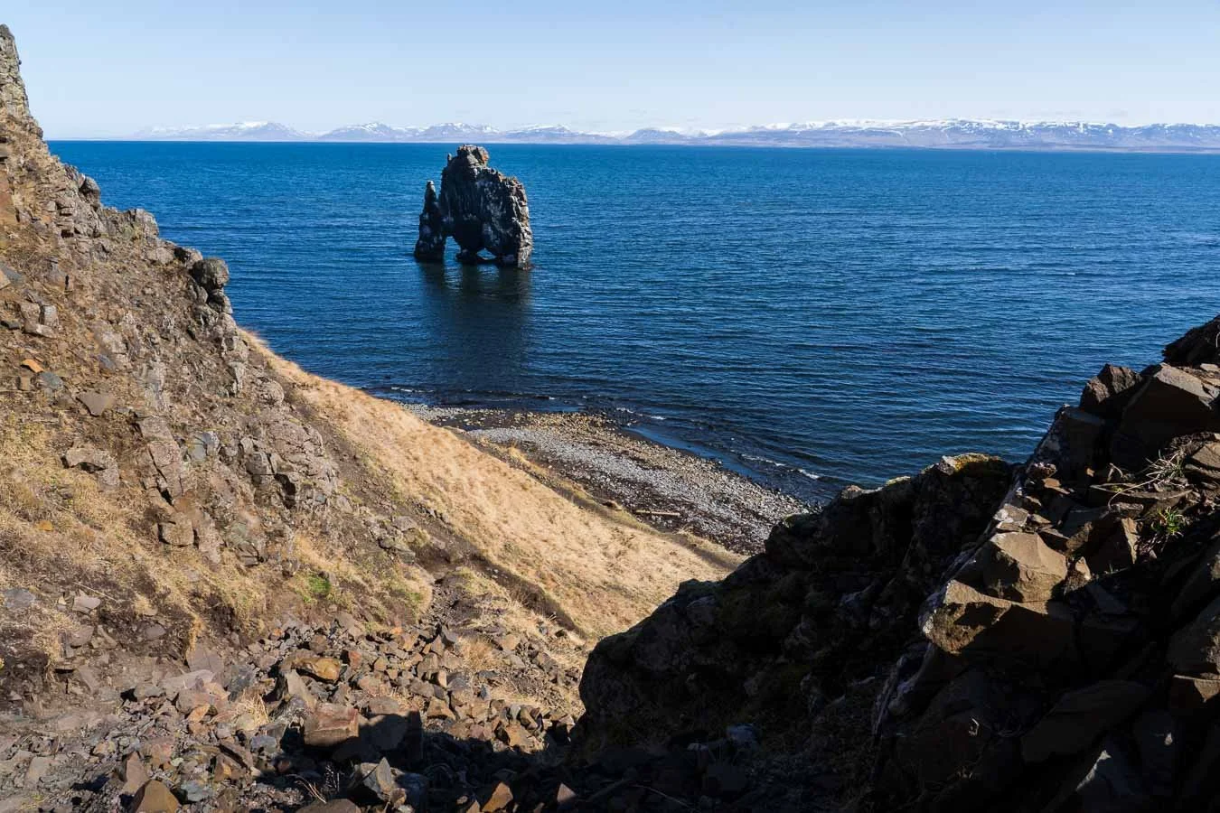 Hvítserkur basalt sea stack rising from the ocean along the North Iceland coastline, framed by rocky cliffs and a grassy slope.