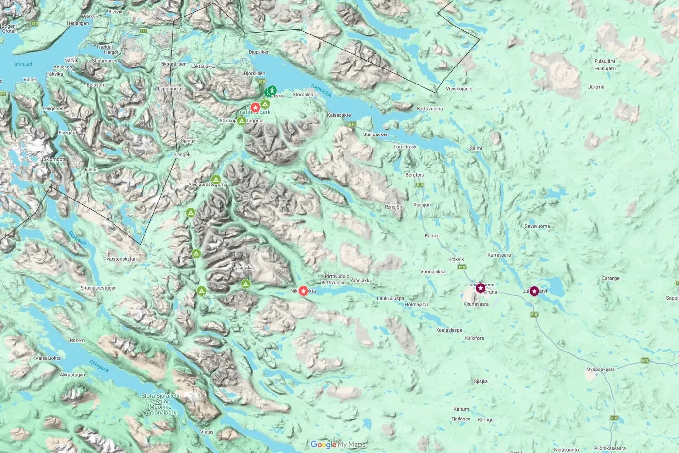 Interactive map in Google Maps providing an overview of key locations in around Abisko (National Park) and the Kungsleden trail, as well as Kiruna. It highlights hiking routes, scenic viewpoints, campsites, and other points of interest.