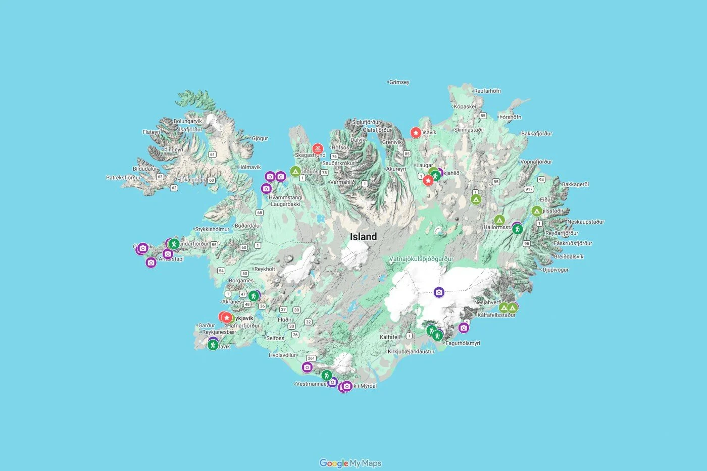 Interactive map in Google Maps providing an overview of key locations along Iceland's Ring Road, including hiking trails, scenic viewpoints, campsites, and other points of interest.