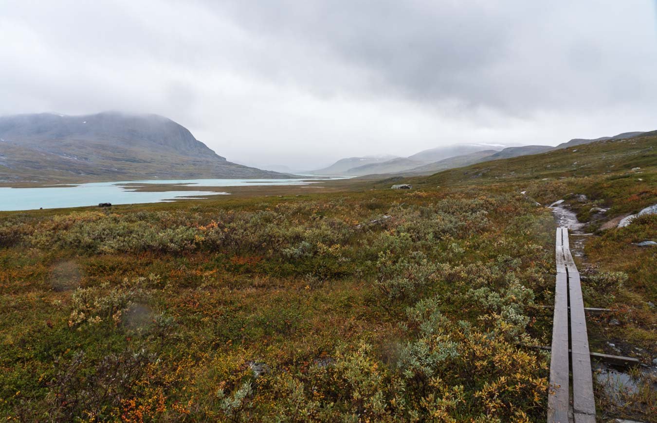 Wet section of the Kungsleden Trail in Swedish Lapland with wooden boardwalks, puddles, and marshy terrain, illustrating unpredictable weather and standing water after rain or snowmelt.