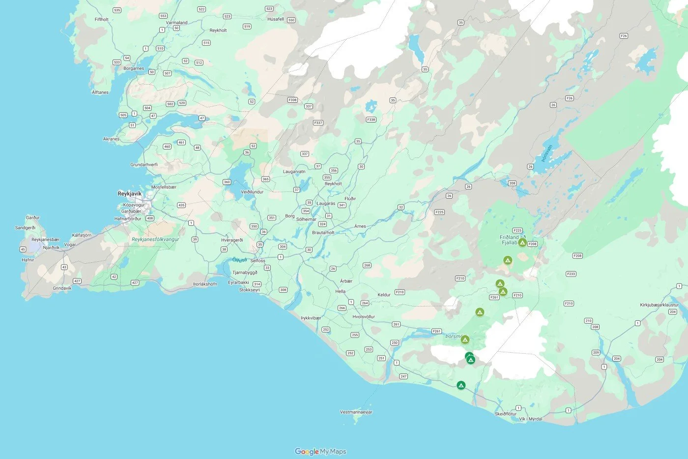 Interactive map in Google Maps providing an overview of the key campsites along Iceland’s Laugavegur Trail and the Fimmvörðuháls route in the Highlands.