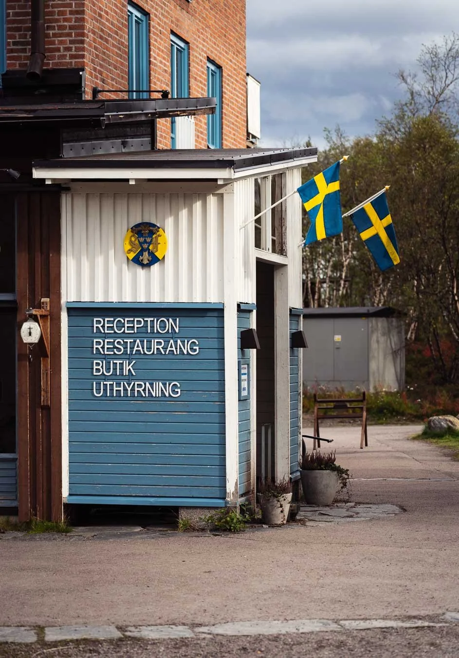 Main entrance of STF Abisko Turiststation, a popular starting point for hikes along the Kungsleden trail in Abisko National Park, Swedish Lapland.