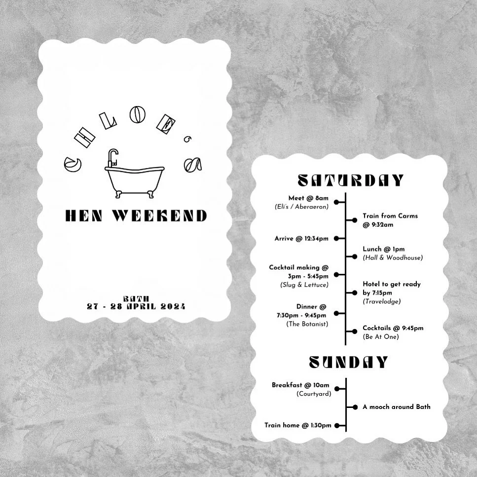 Why not set the tone for your wedding, by kicking off the celebrations with bespoke hen do invites/ itineraries?

Here are some wave frame itineraries I designed for Chloe&rsquo;s hen do in Bath, where&rsquo;s your dream hen do location?
