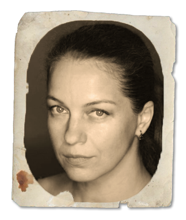A black and white portrait of a woman with dark hair pulled back, wearing earrings, with a serious expression.