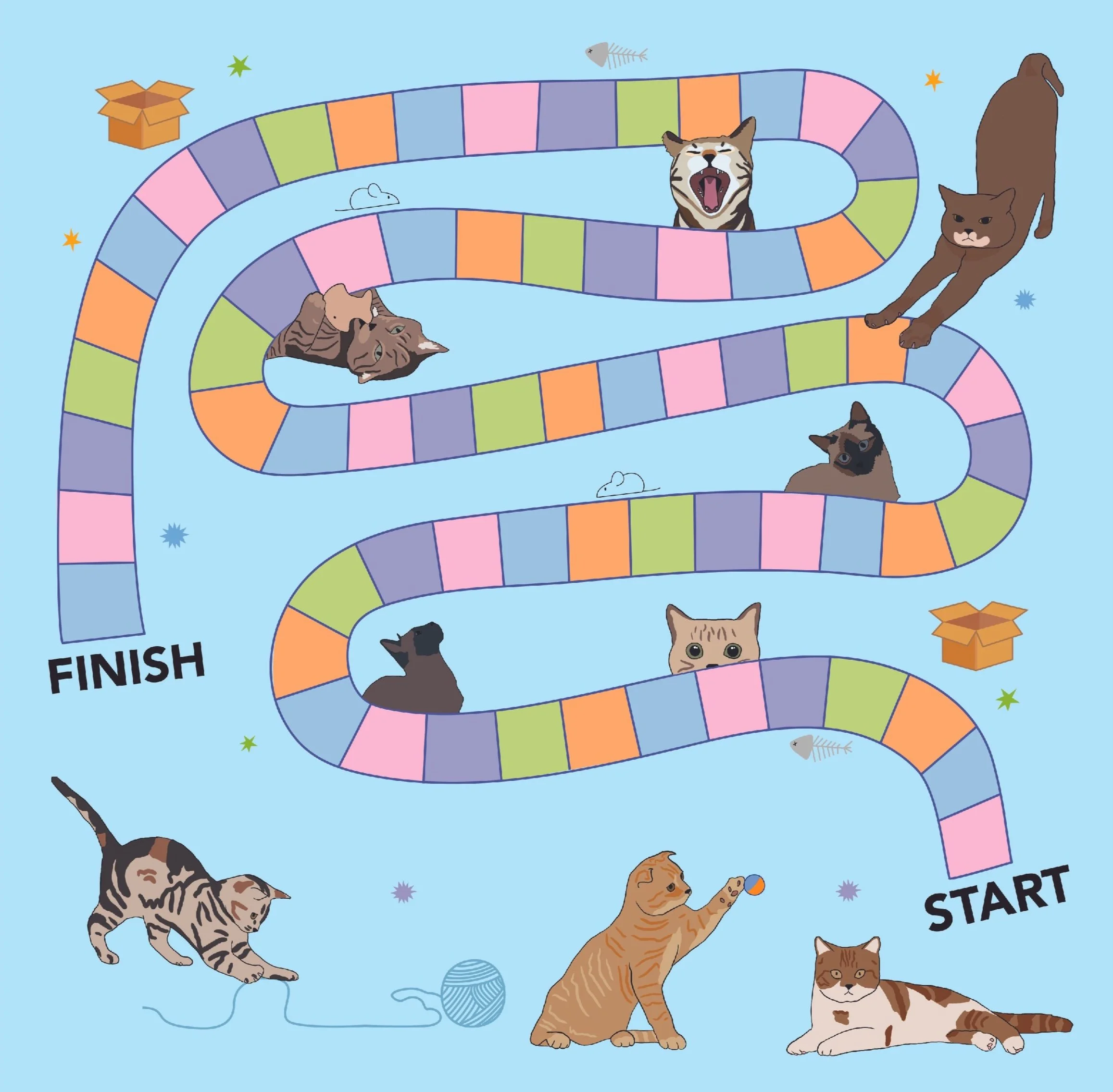 CAT is a board game made for people who love cats. Includes 1 illustrated game board, 44 illustrated turn cards, 5 cute cat character pieces, 1 rule book, and 1 die. Board and cards designed in Adobe Illustrator and Procreate. Currently producing fir