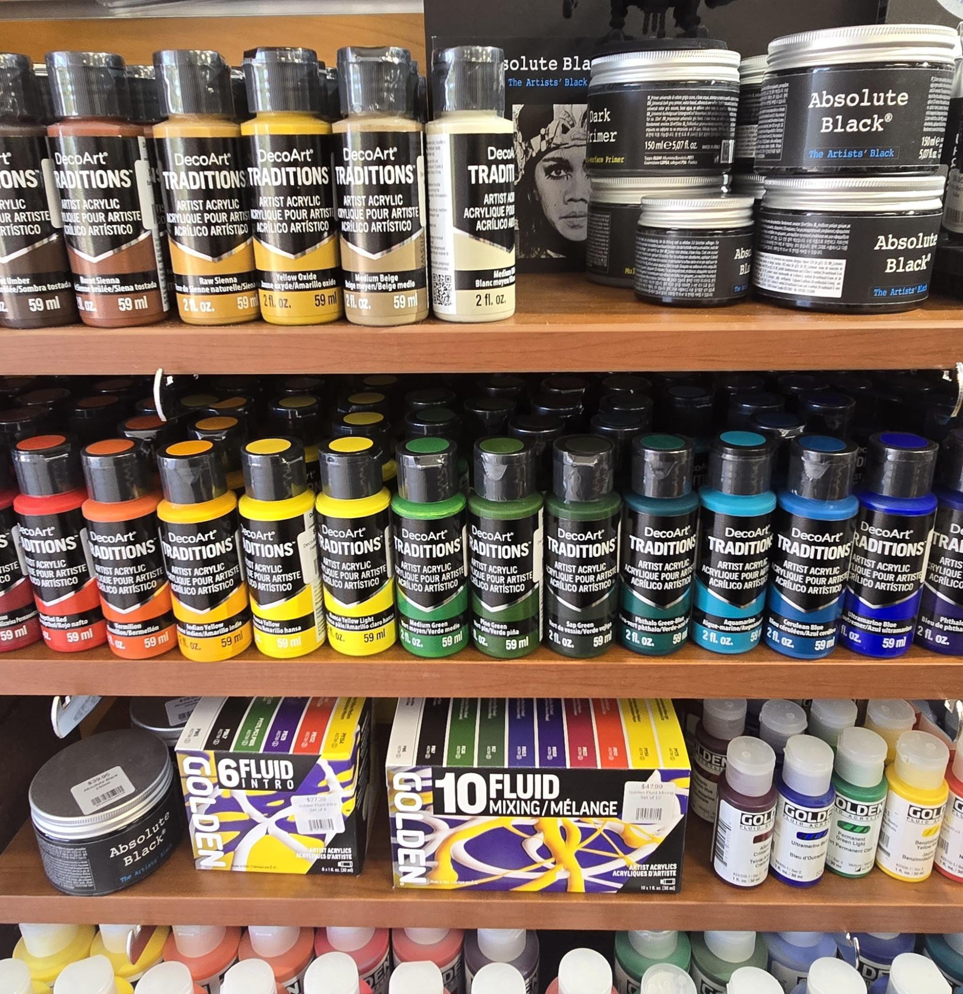 DecoArt Traditions full set of budget friendly acrylics plus Golden Fluid acrylics and Absolute Black acrylic