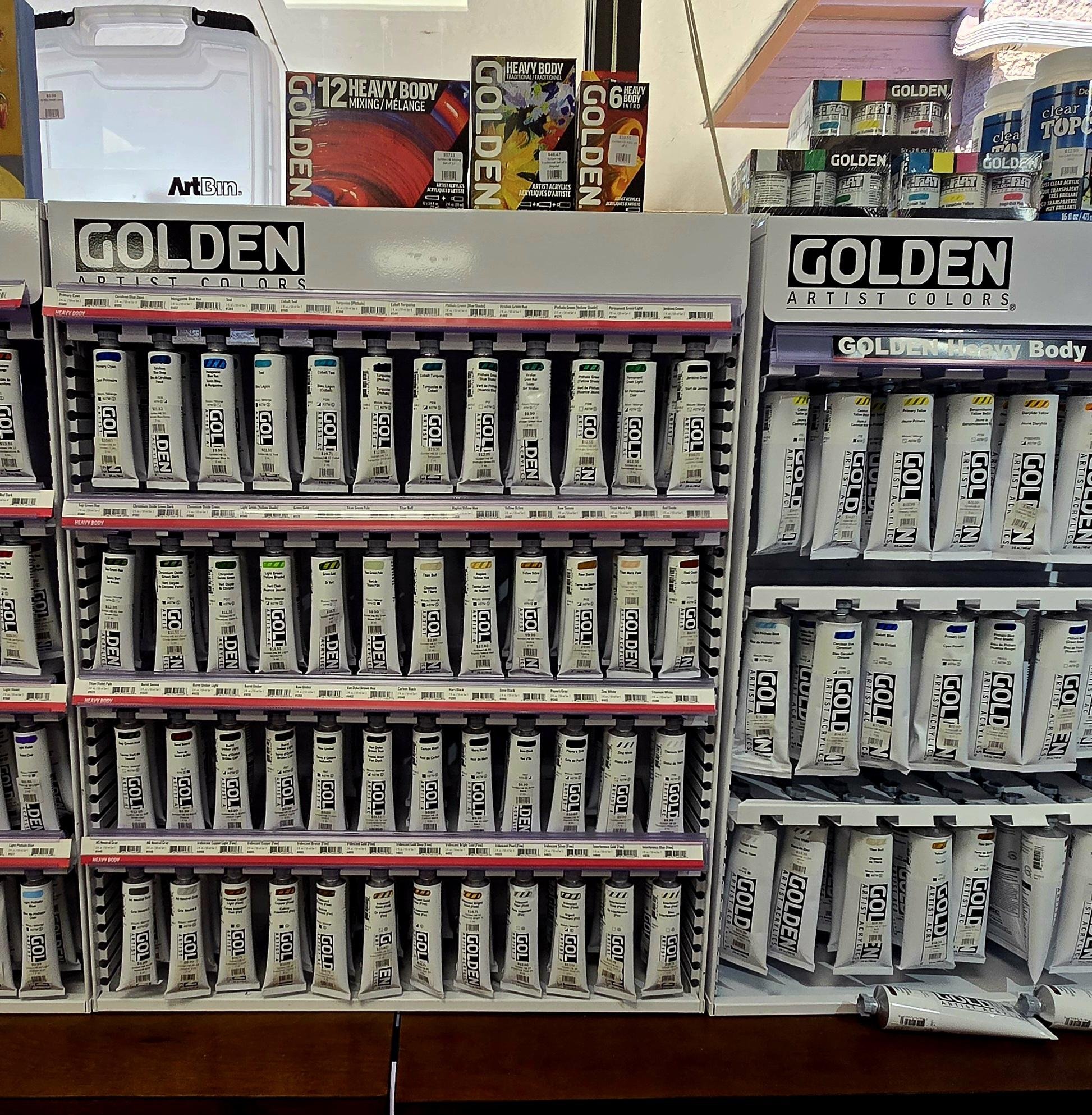 Golden Artist Color professional acrylic Heavy Bodied paint in 37ml and 150ml sizes. Set and all mediums also in stock